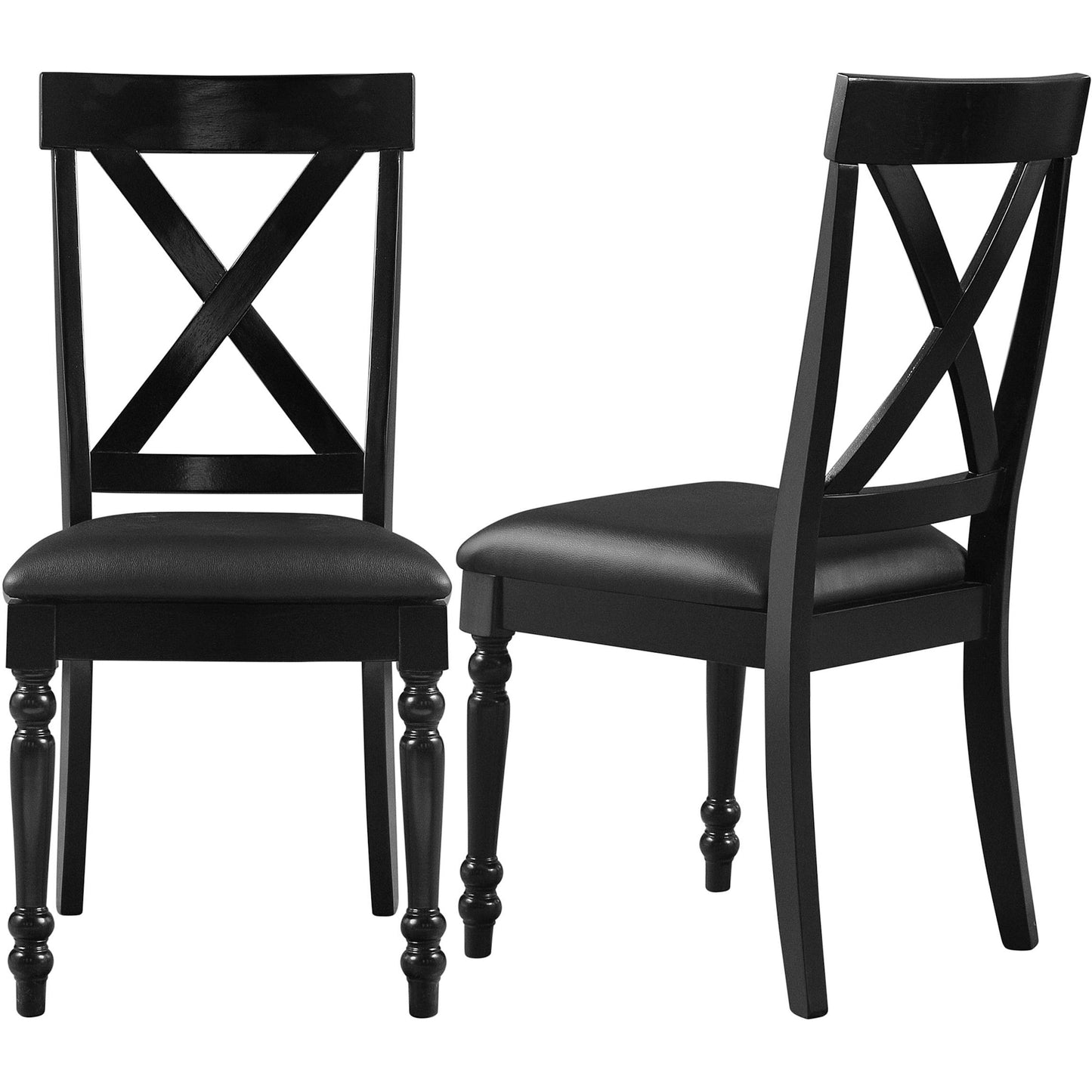 Pair of black X-back dining chairs with upholstered seats and turned front legs. Ideal for kitchen, dining room, or accent seating