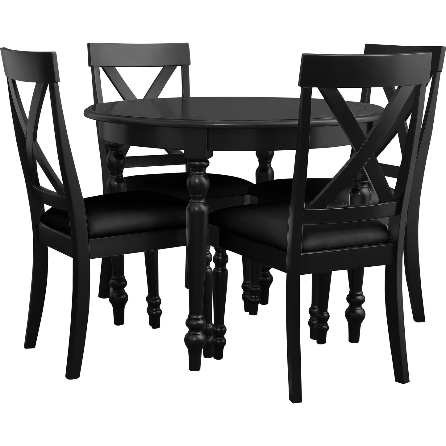 Black round dining table set with 4 chairs. Includes a circular table with turned legs and four X-back dining chairs with black upholstered seats. Perfect for kitchen or dining room