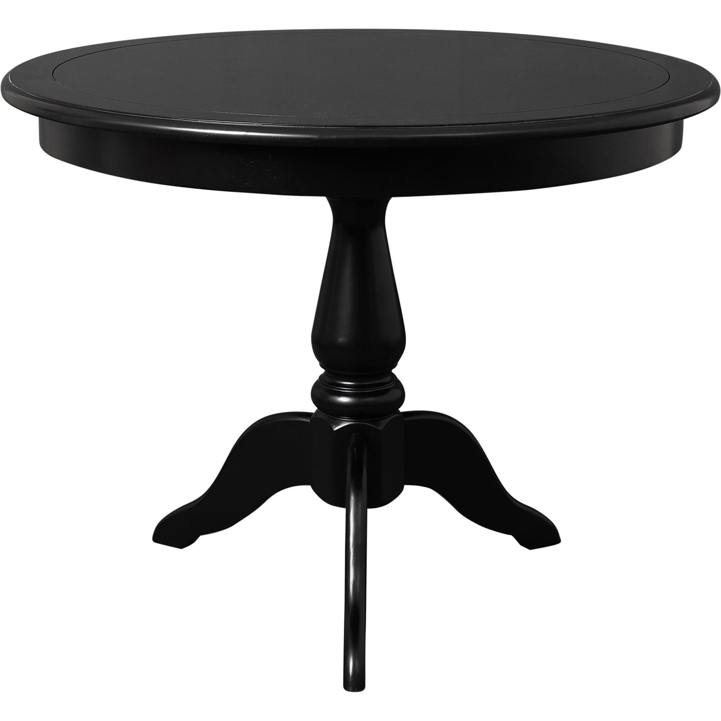 Modern black round kitchen table with elegant pedestal leg. Ideal for contemporary, farmhouse, or minimalist decor. Creates a sophisticated dining space