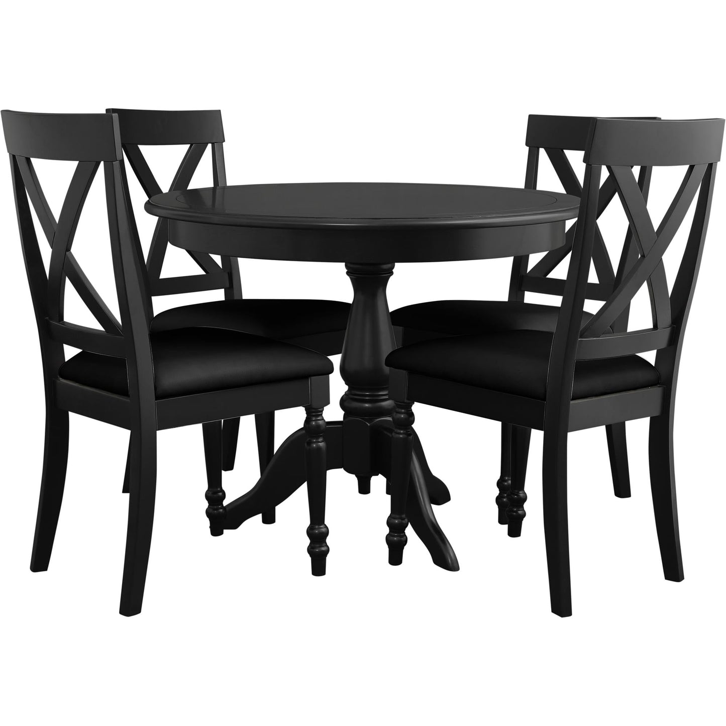 Black round dining table set with 4 chairs. Includes a circular pedestal table and four X-back dining chairs with black upholstered seats. Perfect for kitchen or dining room