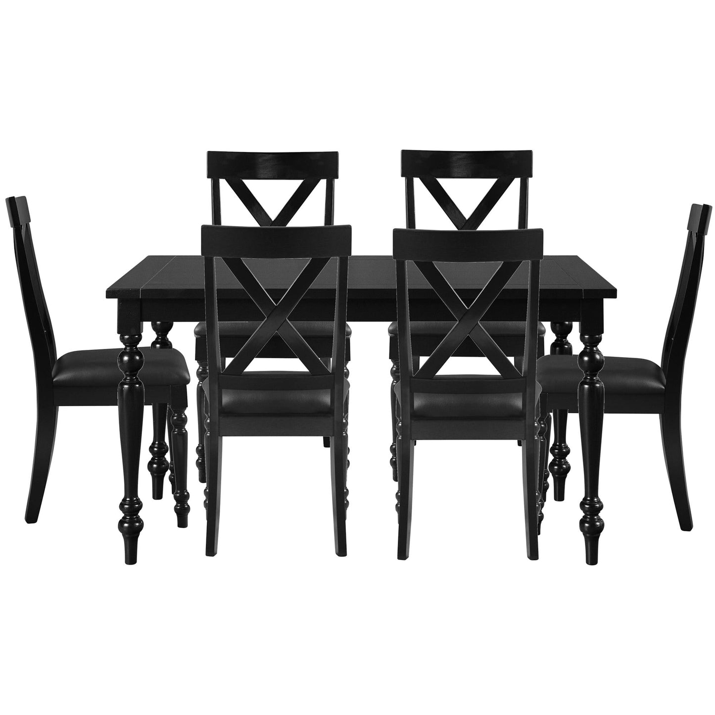 Modern farmhouse black dining set for 6, featuring a sturdy rectangular table and comfortable X-back chairs. Ideal for large families or entertaining, adds sophistication to any dining room