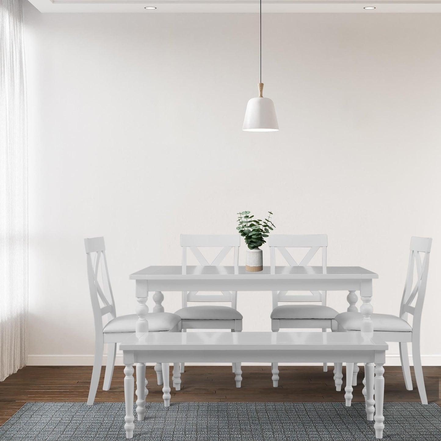 White rectangular dining table set with 4 X-back chairs and bench. 6-piece dining room furniture set, perfect for family meals or entertaining in a bright space