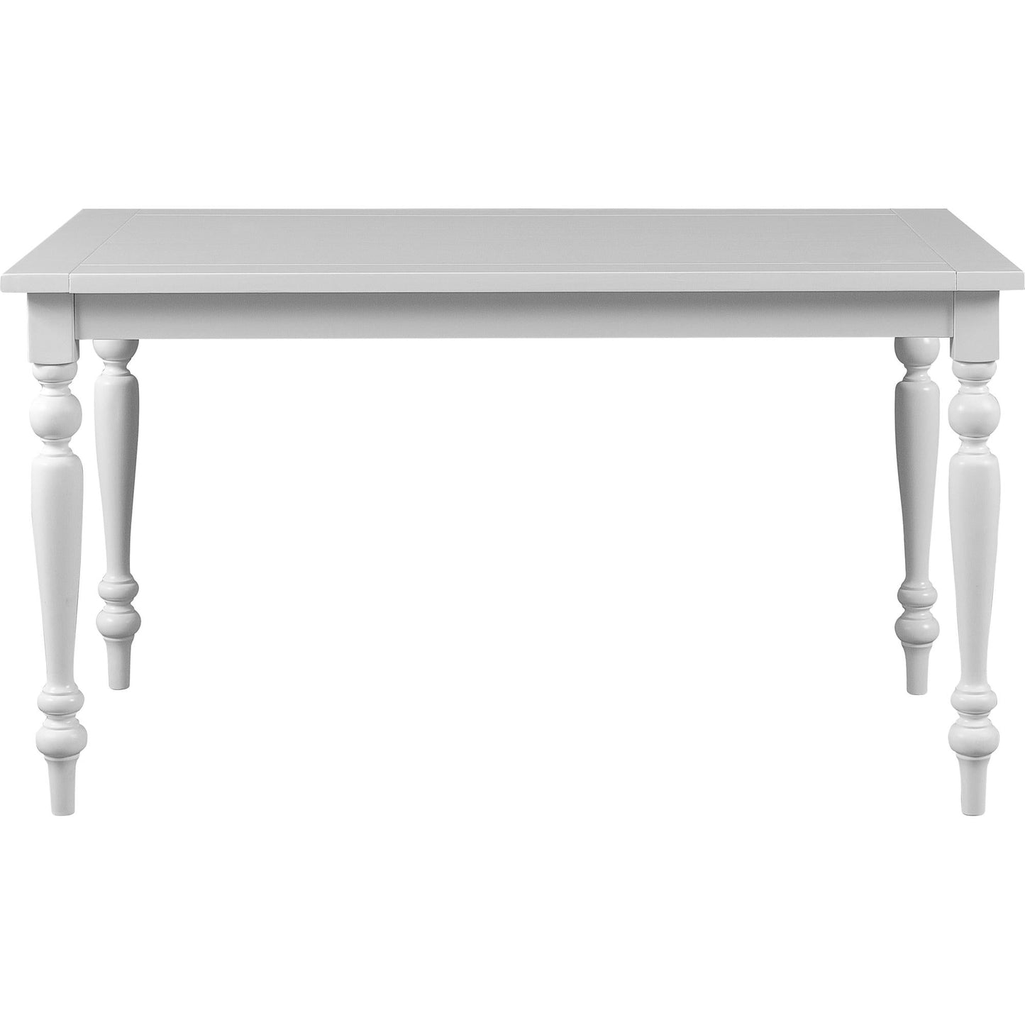 White rectangular dining table with turned legs. Spacious farmhouse style kitchen table, ideal for family meals or entertaining. Seats 4-6 people