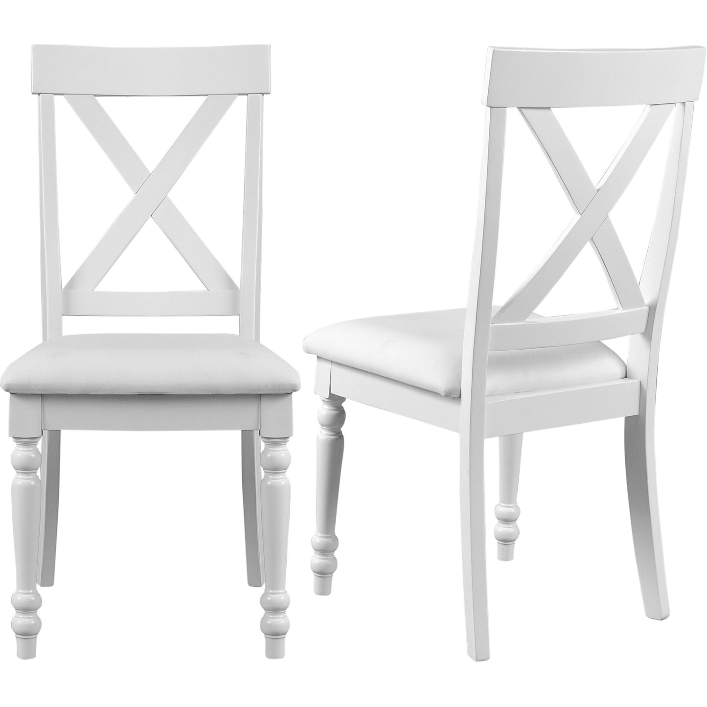 Pair of white X-back dining chairs with upholstered seats and turned front legs. Ideal for kitchen, dining room, or accent seating