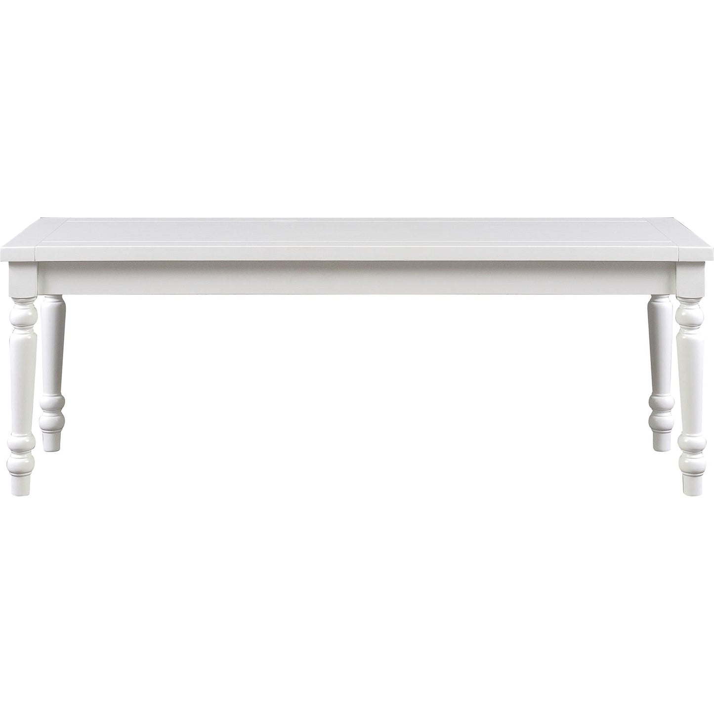 White dining bench with turned legs. Perfect for use with dining tables, in entryways, or as extra seating in living rooms. Seats 2-3 people