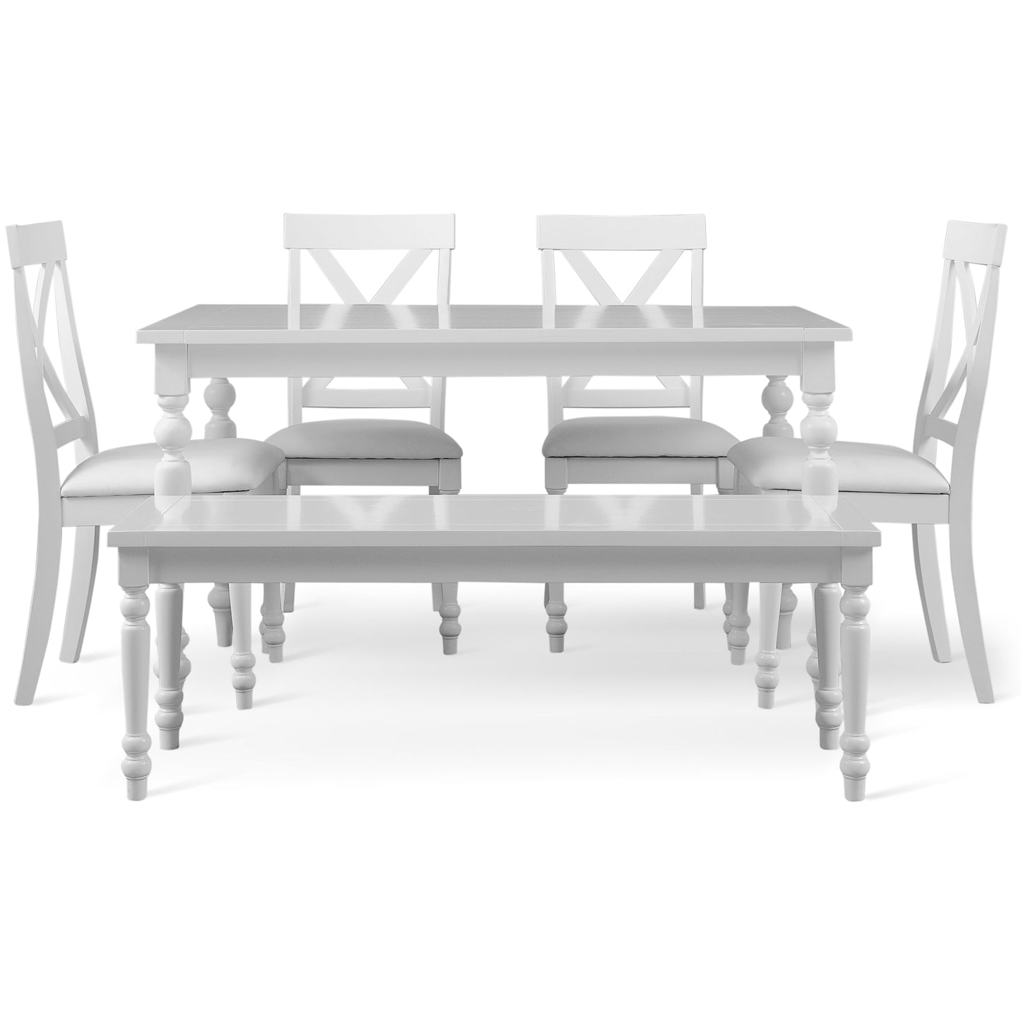 White rectangular dining table set with 4 X-back chairs and bench. 6-piece dining room furniture set, perfect for family meals or gatherings