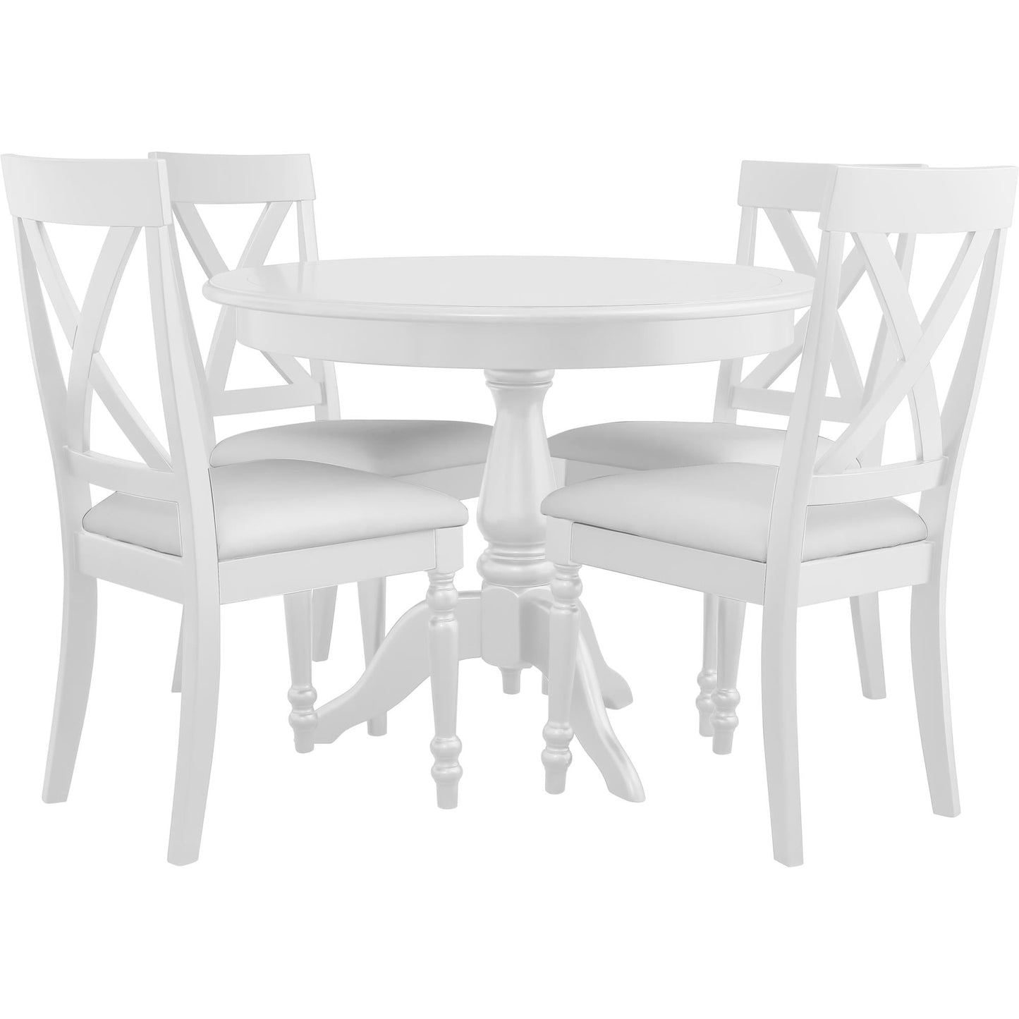 White round dining table set with 4 chairs. Includes a circular pedestal table and four X-back dining chairs with white upholstered seats. Perfect for kitchen or dining room