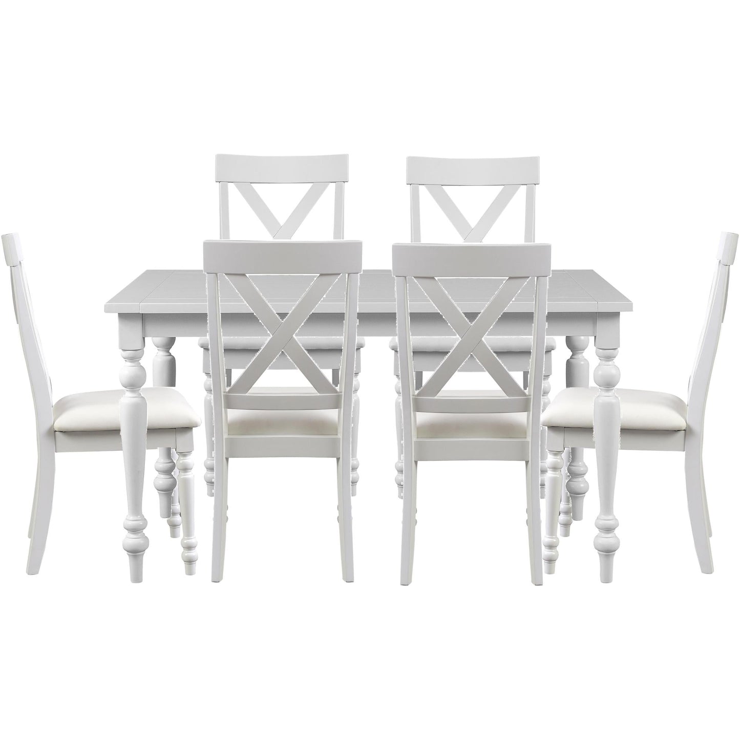 Elegant white farmhouse dining set for 6, featuring a sturdy rectangular table and comfortable X-back chairs. Ideal for large families or entertaining, brightens any kitchen or dining room