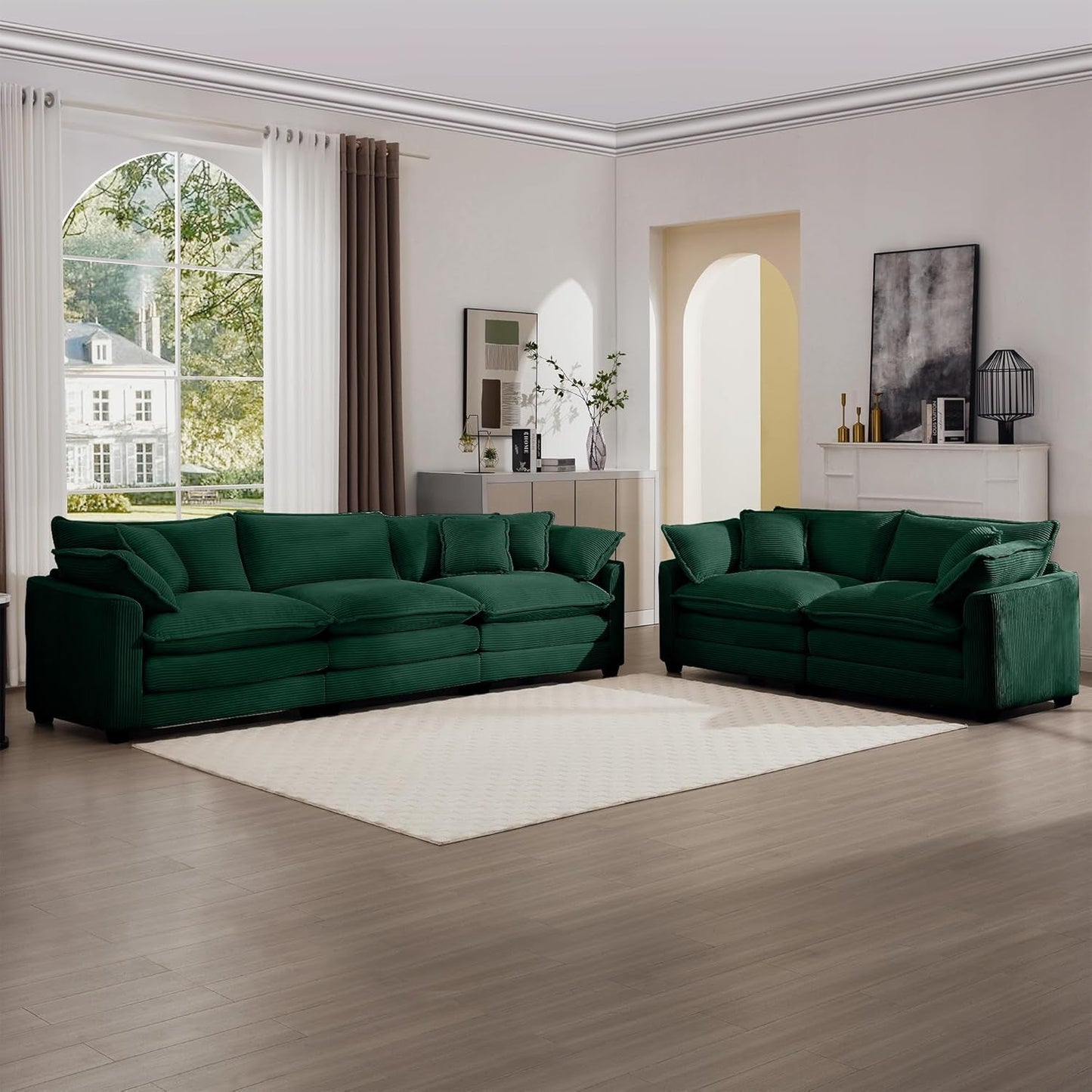 Oversized 2 Piece Sofa Set for Living Room, 3-Seater & Loveseat Couch, Modular Sectional Deep Seat Corduroy Comfy Cloud Couches with 4 Armrest Pillows and 5 Toss Pillows, Green-2