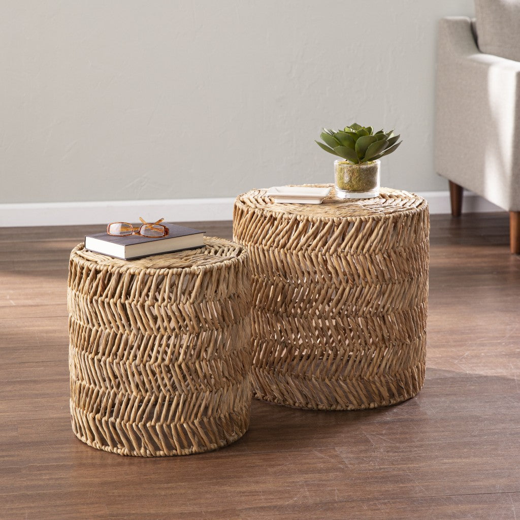 Set of 2 Woven Rattan Side Tables – Handcrafted Natural Accent Stools for Living Room or Bedroom-8