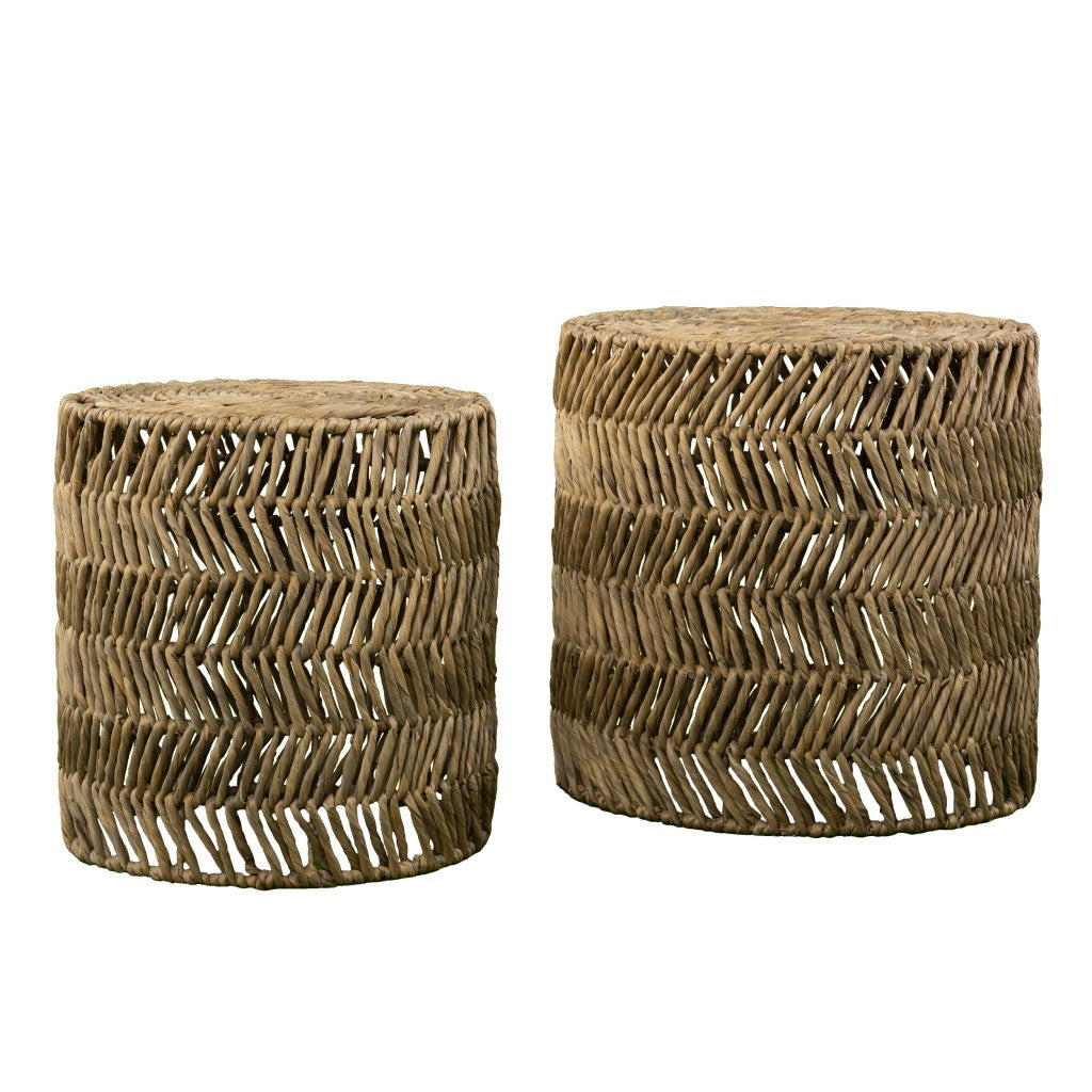 Set of 2 Woven Rattan Side Tables – Handcrafted Natural Accent Stools for Living Room or Bedroom-1