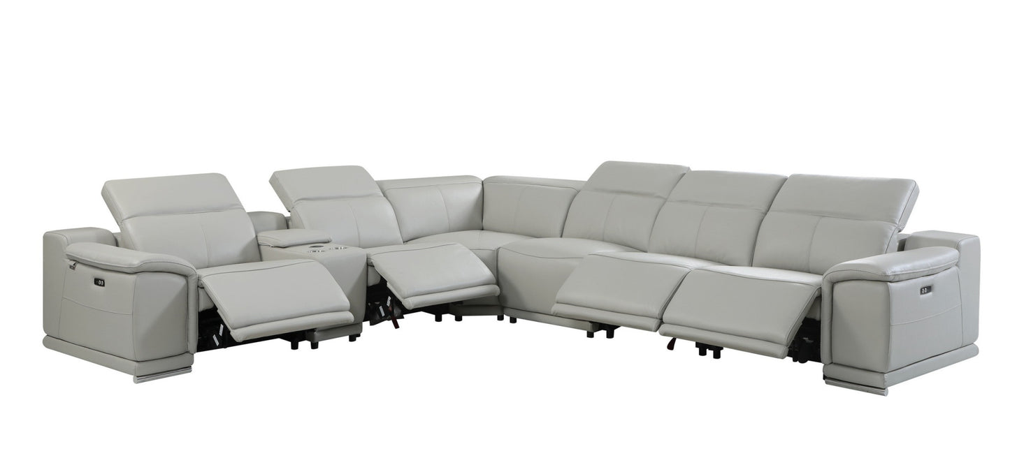 Extended recliners on gray leather sectional. Full recline sofa.