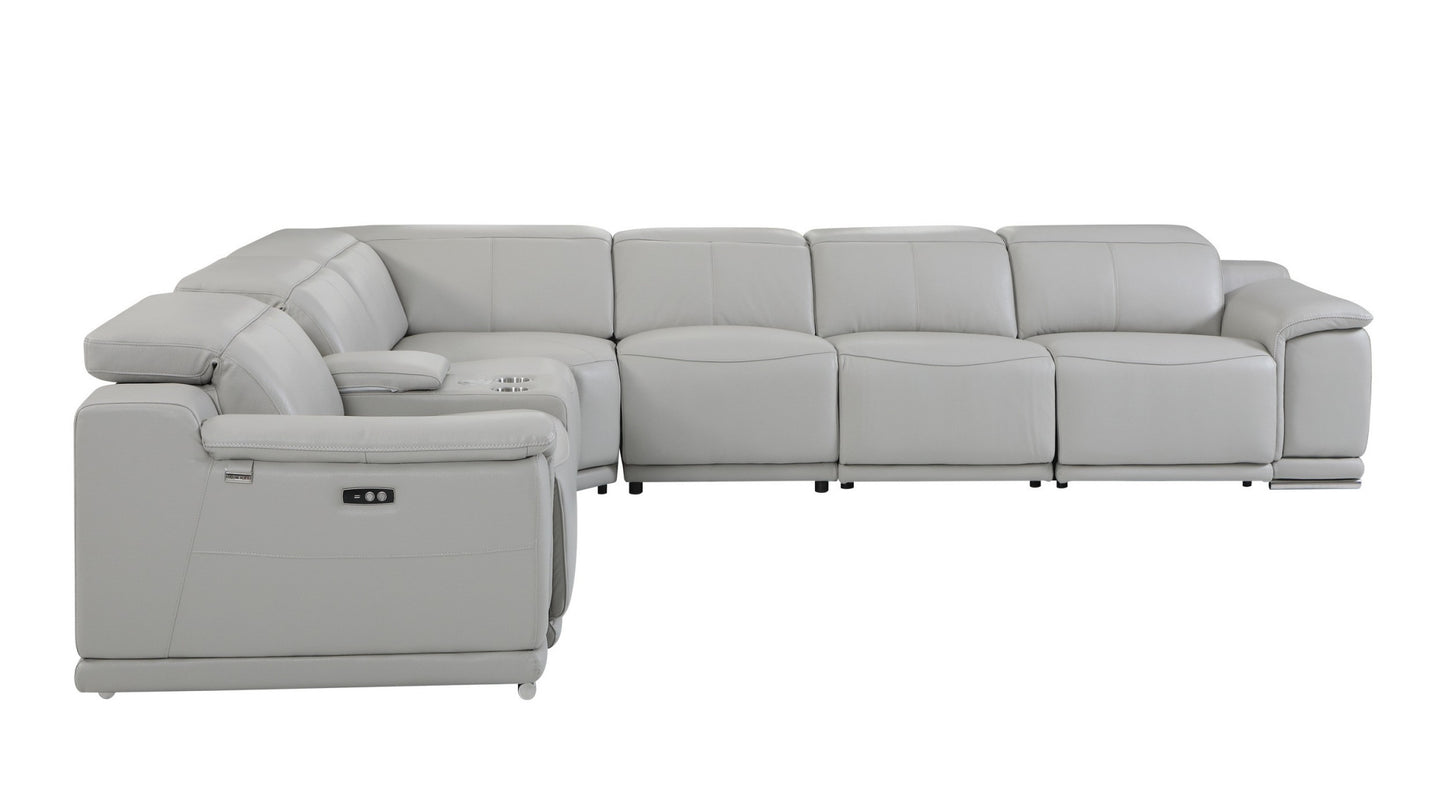 Front view of modern white leather sectional recliner sofa with L-shape layout, power controls, and built-in cup holders