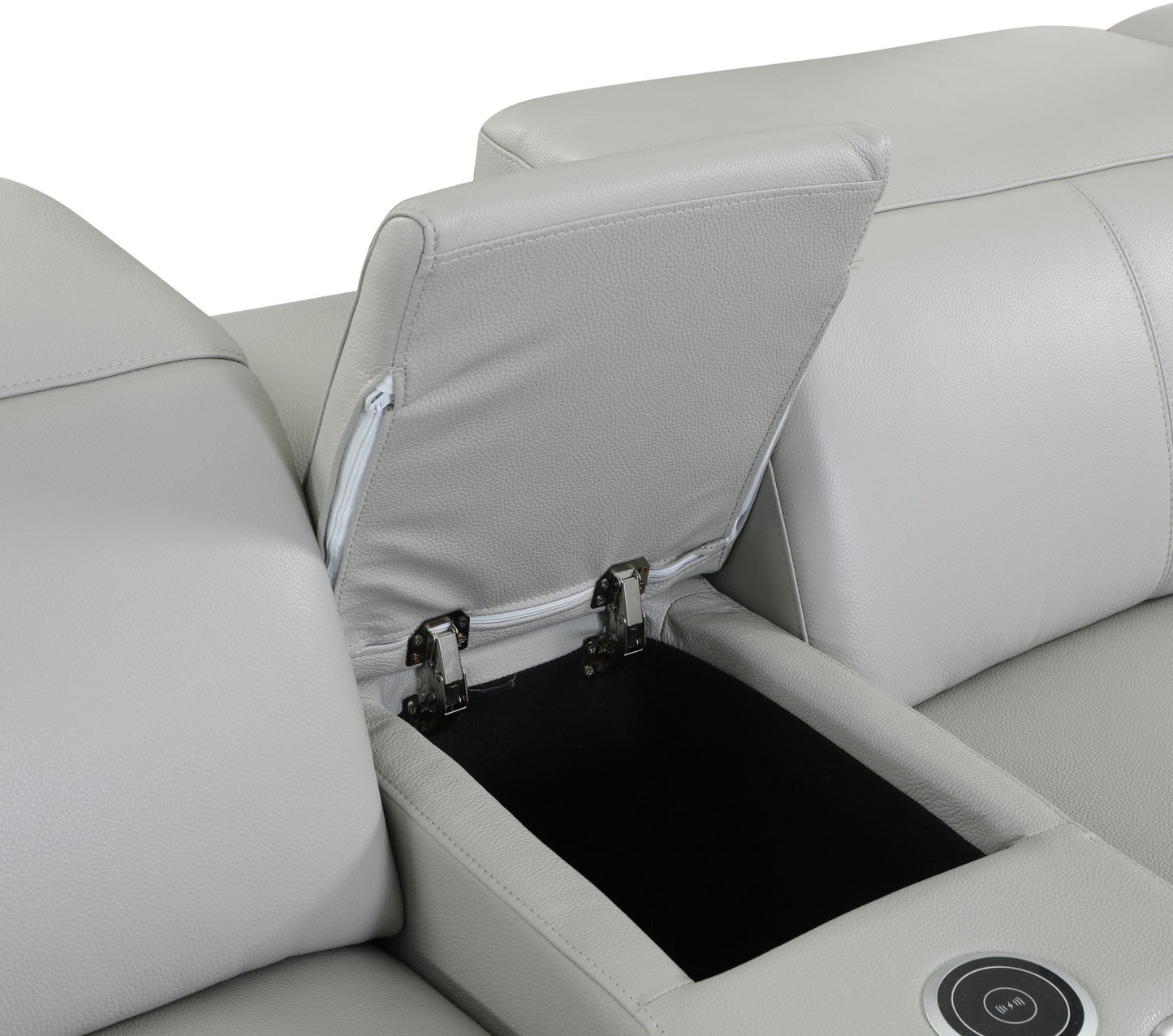 Sofa console storage. Leather sectional cup holders. Hidden compartment.