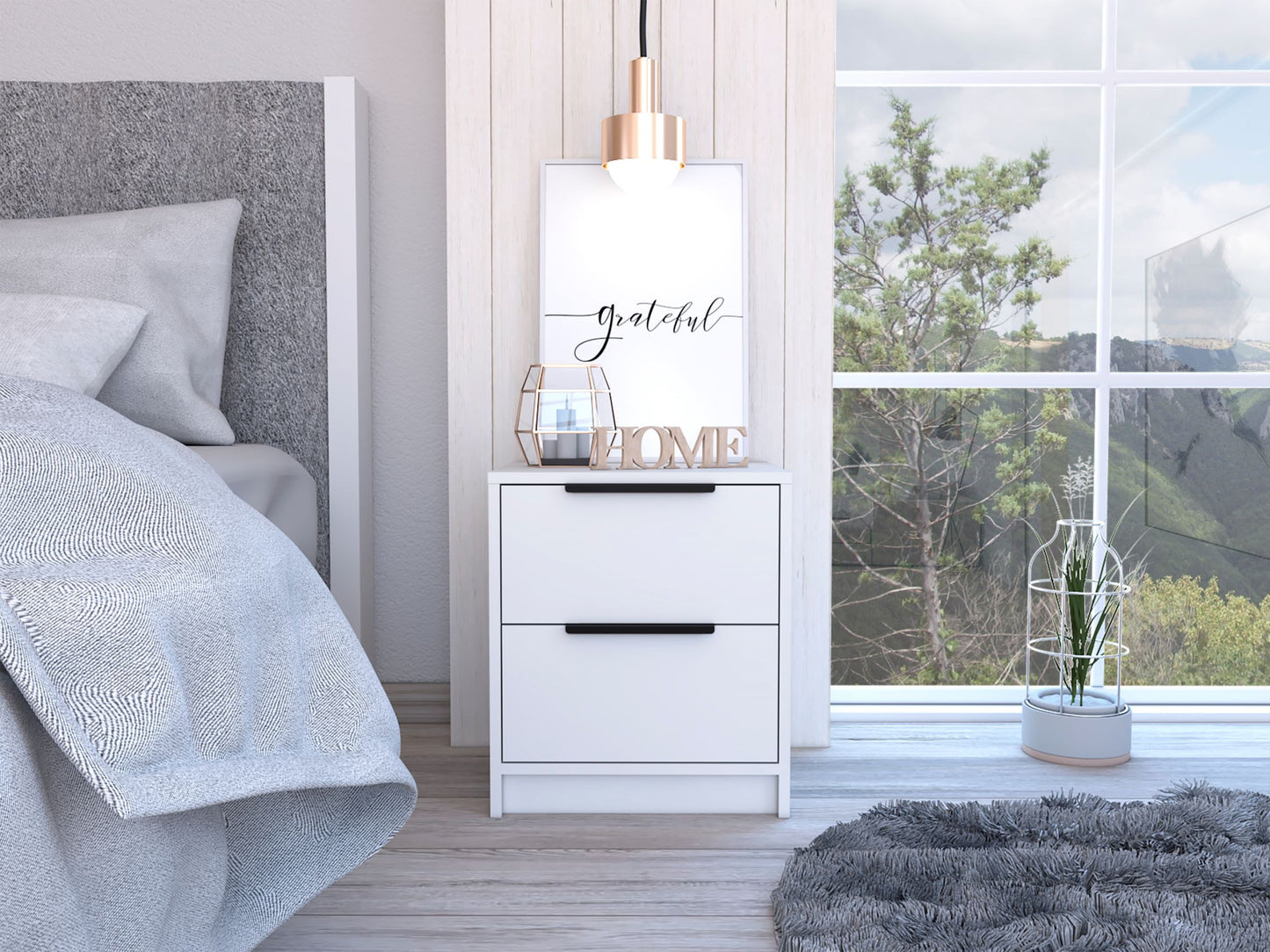 Modern White 2-Drawer Nightstand – Minimalist Bedside Table with Black Handles for Bedroom Storage-7