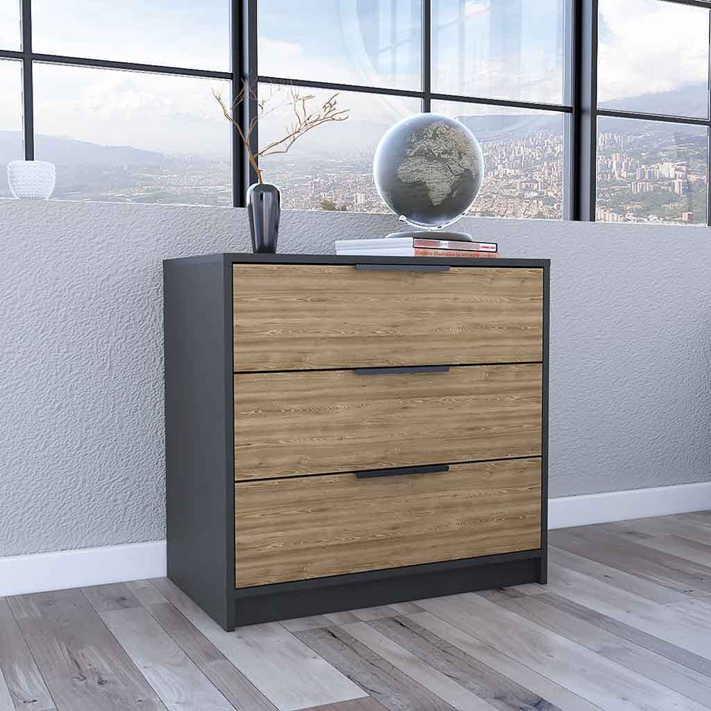Modern 3-Drawer Dresser – Black and Wood Finish Chest of Drawers for Bedroom Storage-3