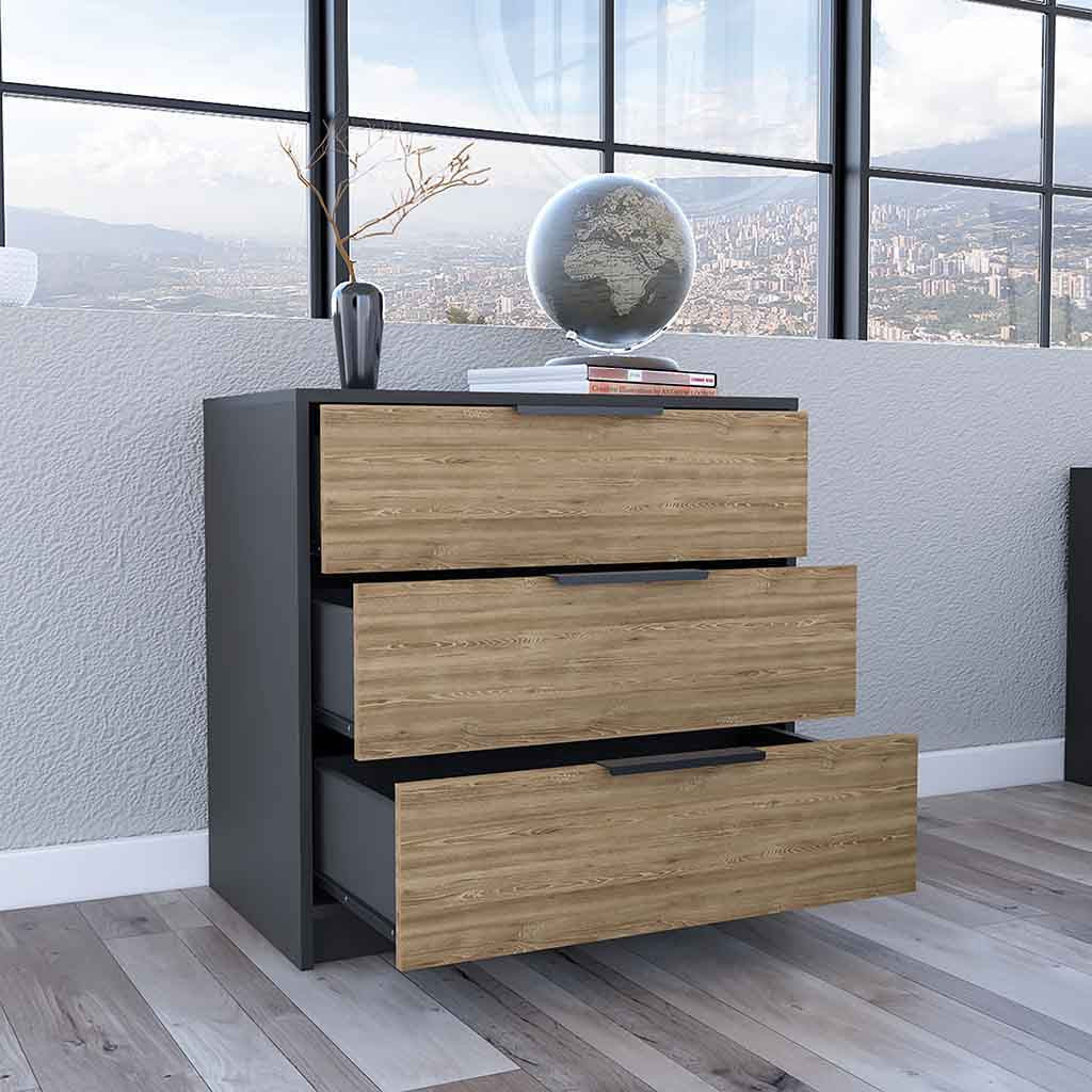 Modern 3-Drawer Dresser – Black and Wood Finish Chest of Drawers for Bedroom Storage-4