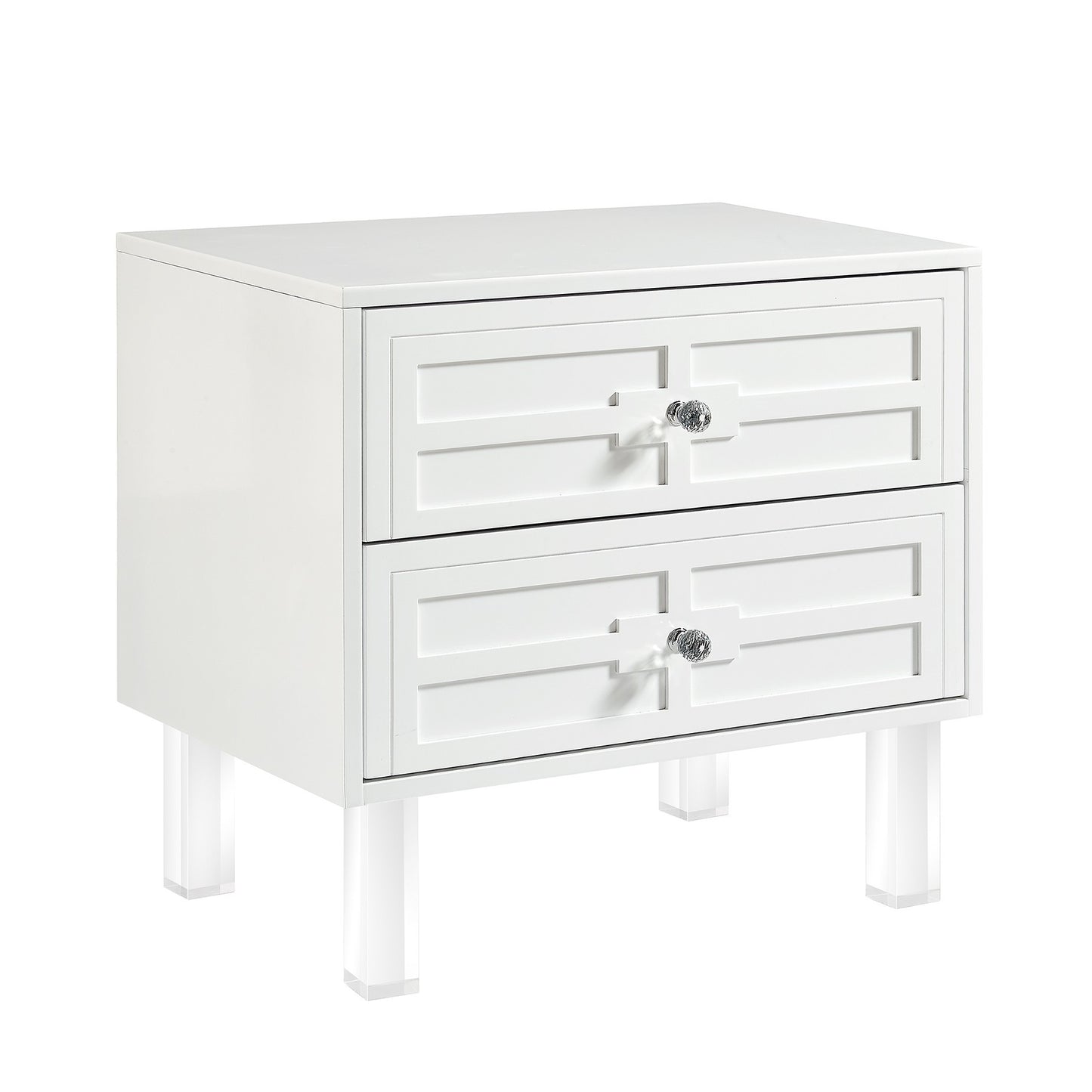 White 2-Drawer Nightstand with Crystal Knobs – Modern Glam Bedside Table with Acrylic Legs-1