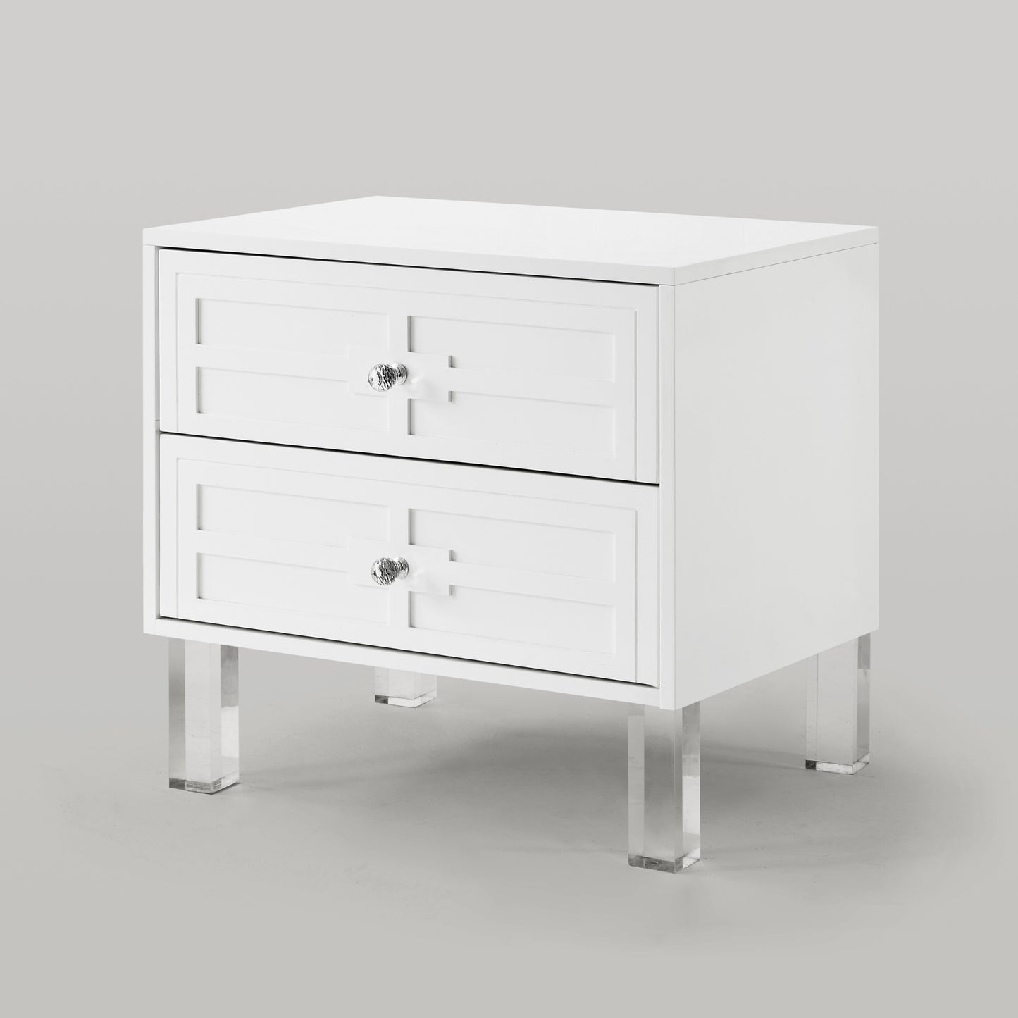 White 2-Drawer Nightstand with Crystal Knobs – Modern Glam Bedside Table with Acrylic Legs-8