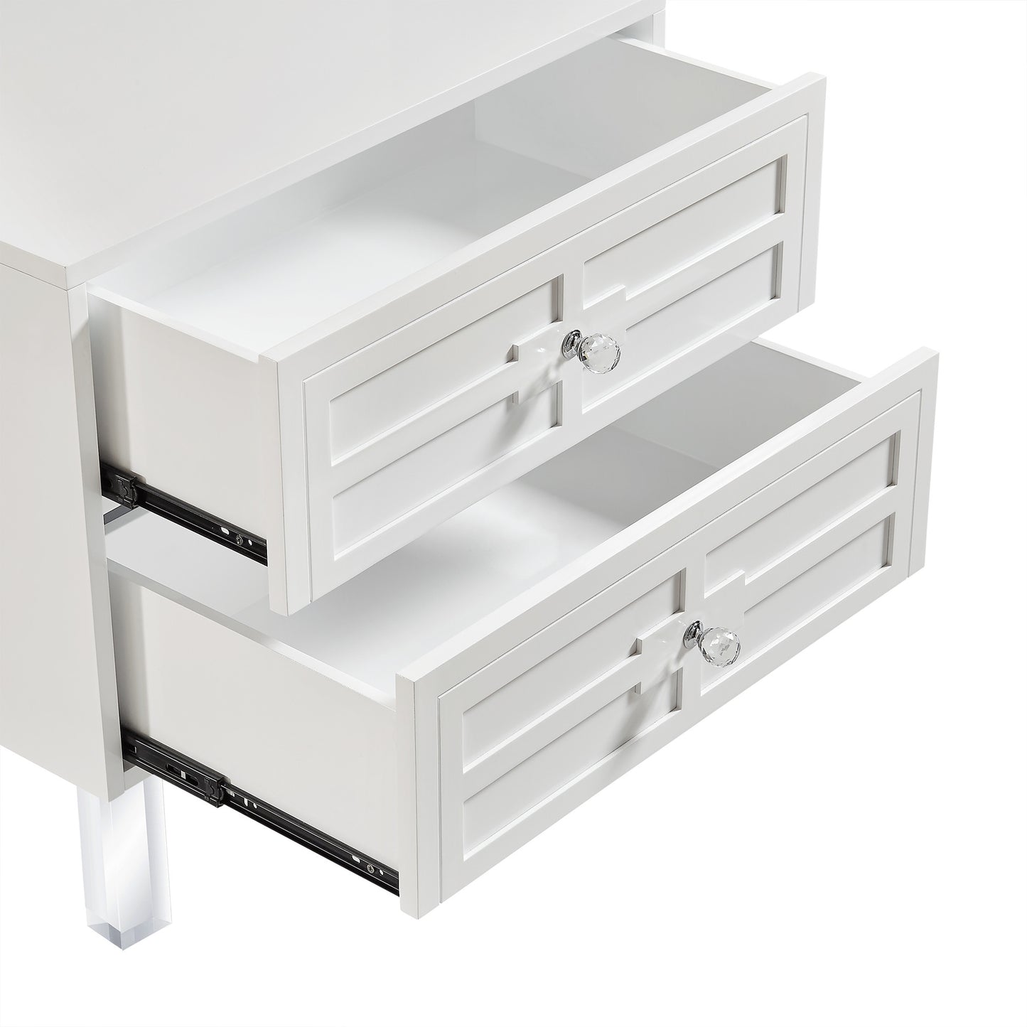 White 2-Drawer Nightstand with Crystal Knobs – Modern Glam Bedside Table with Acrylic Legs-2
