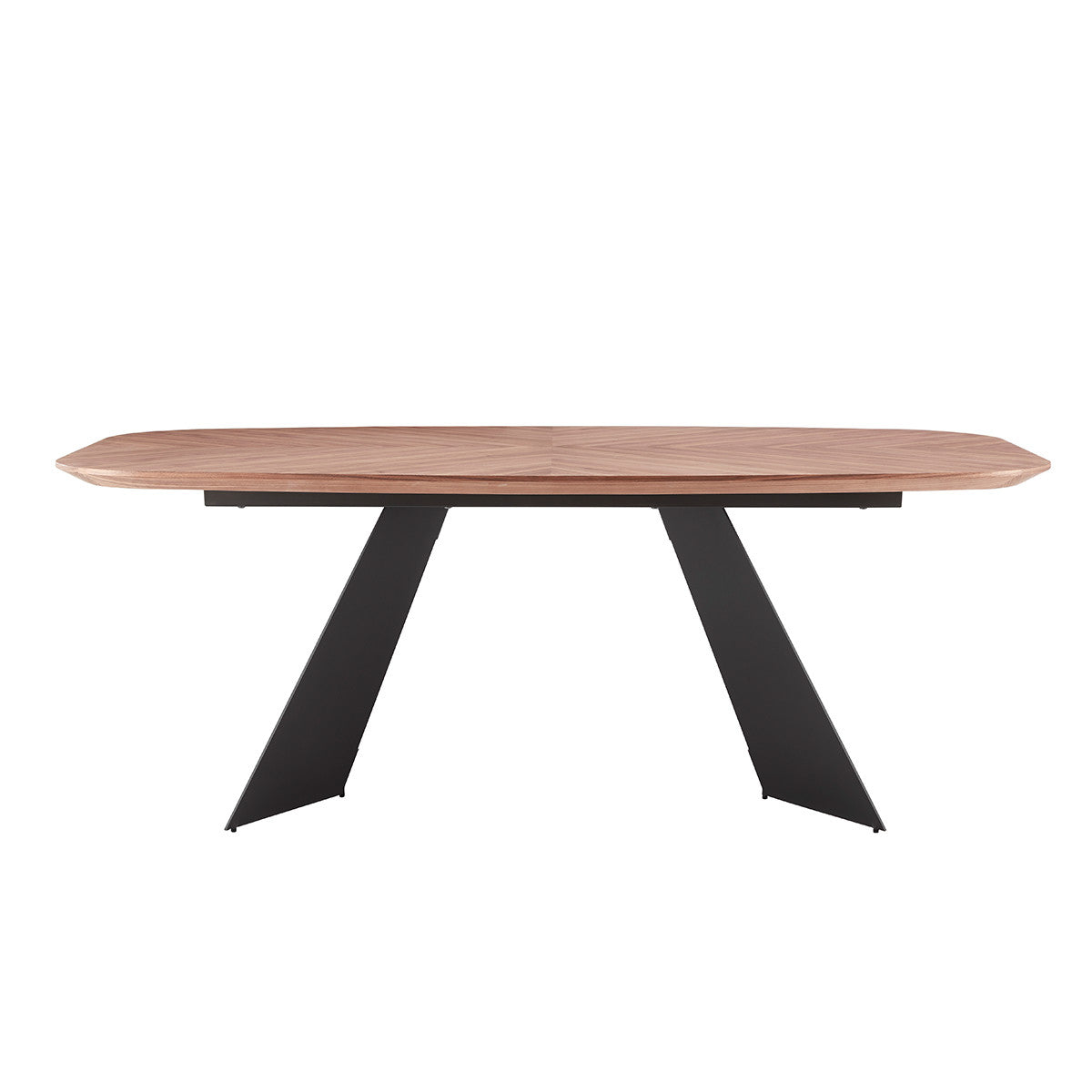 Modern rectangular dining table with a natural wood top and black angled metal base on white background