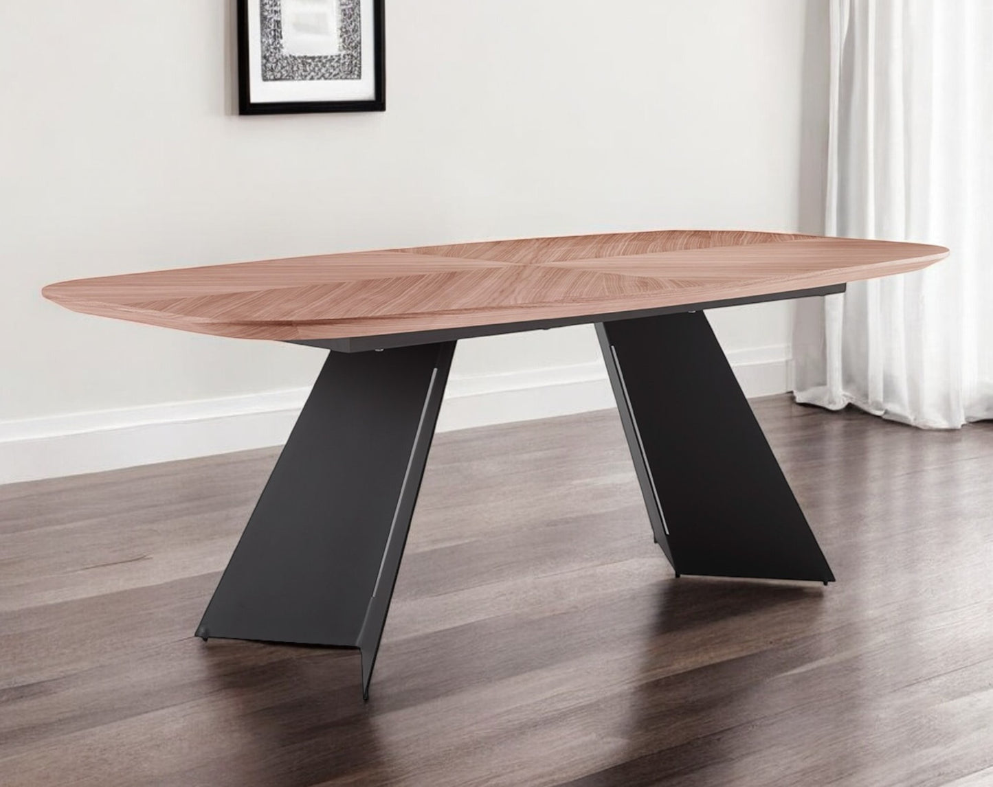 Modern wood dining table with black metal base. Contemporary dining room furniture for stylish homes