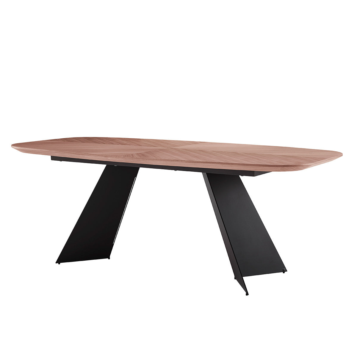 Contemporary wood dining table, black base. Product shot on white