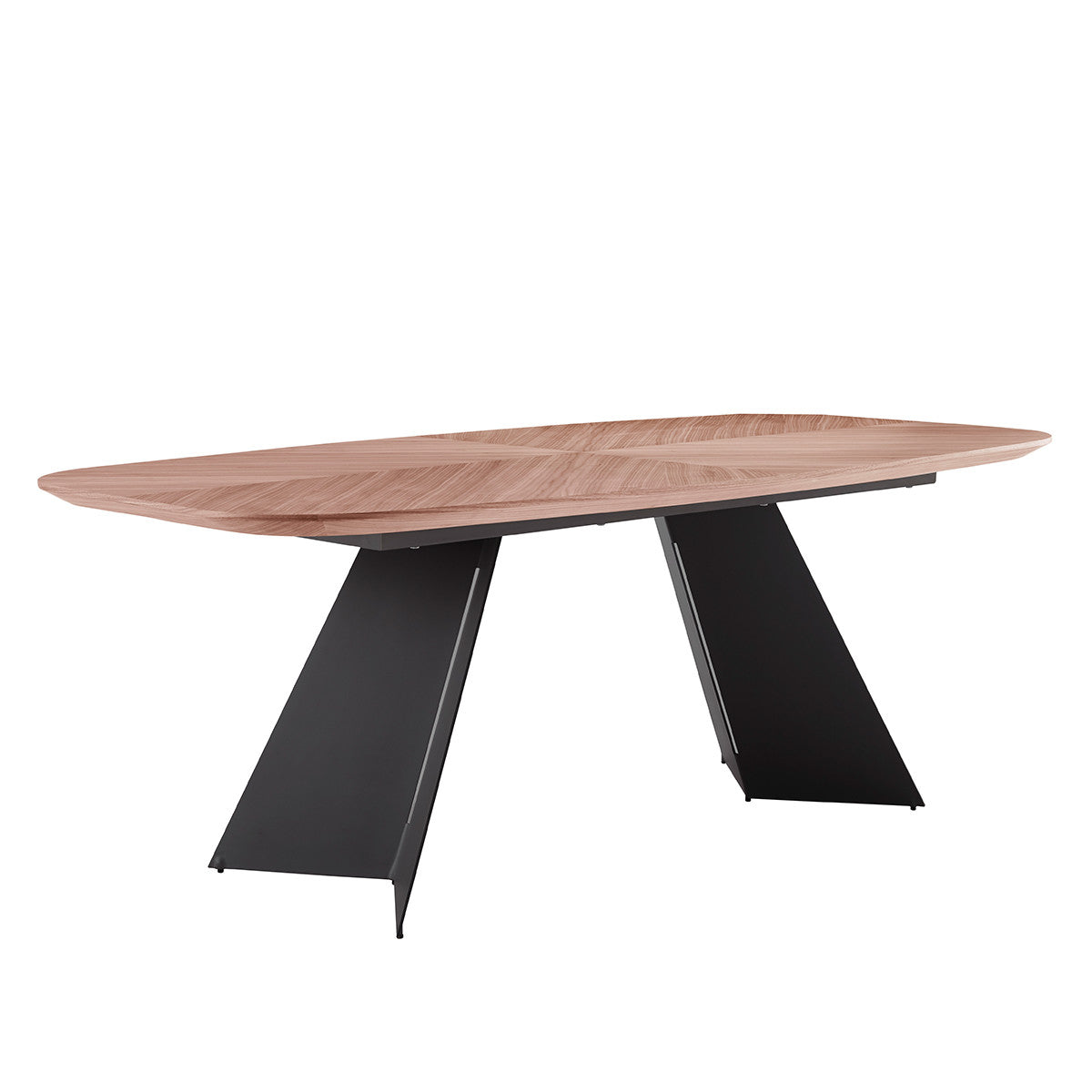 Sleek contemporary dining table featuring a light wood grain top and unique matte black trapezoid metal legs, isolated on white