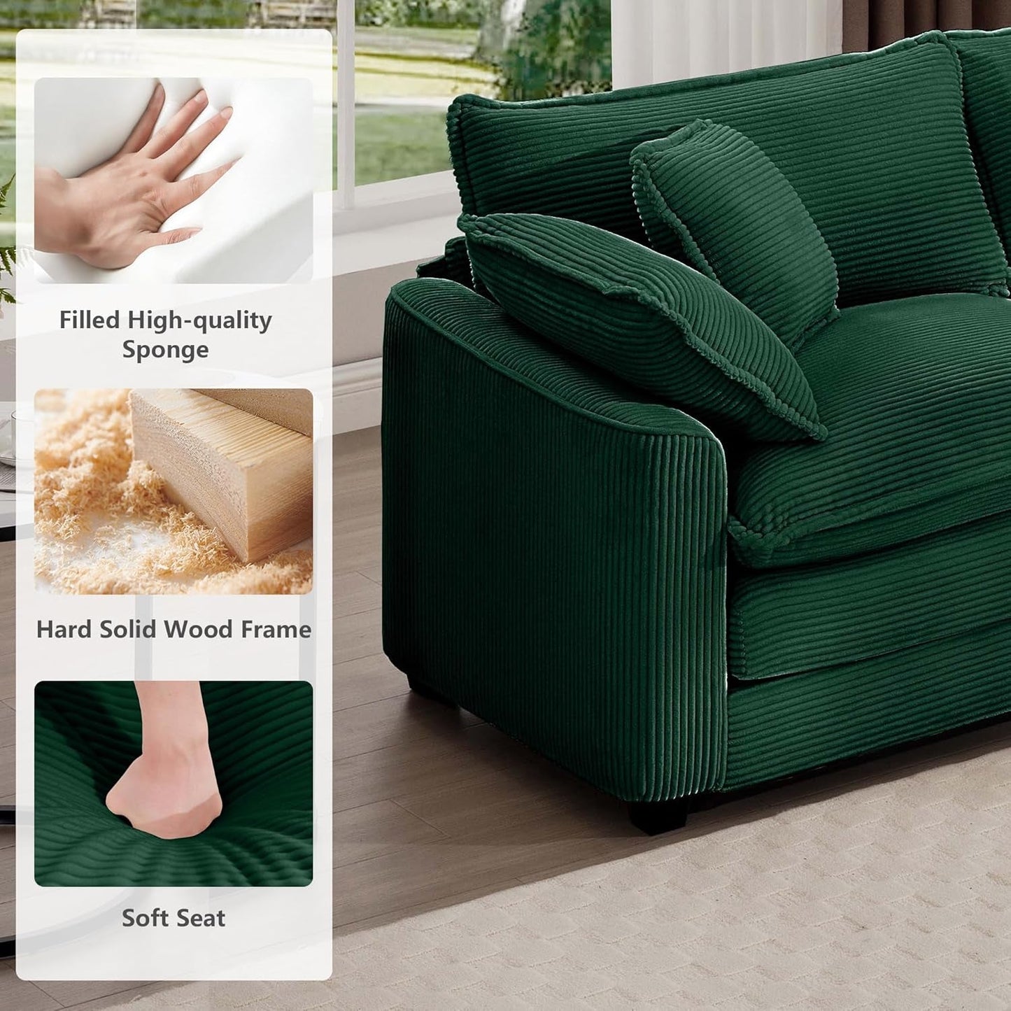 Oversized 2 Piece Sofa Set for Living Room, 3-Seater & Loveseat Couch, Modular Sectional Deep Seat Corduroy Comfy Cloud Couches with 4 Armrest Pillows and 5 Toss Pillows, Green-4