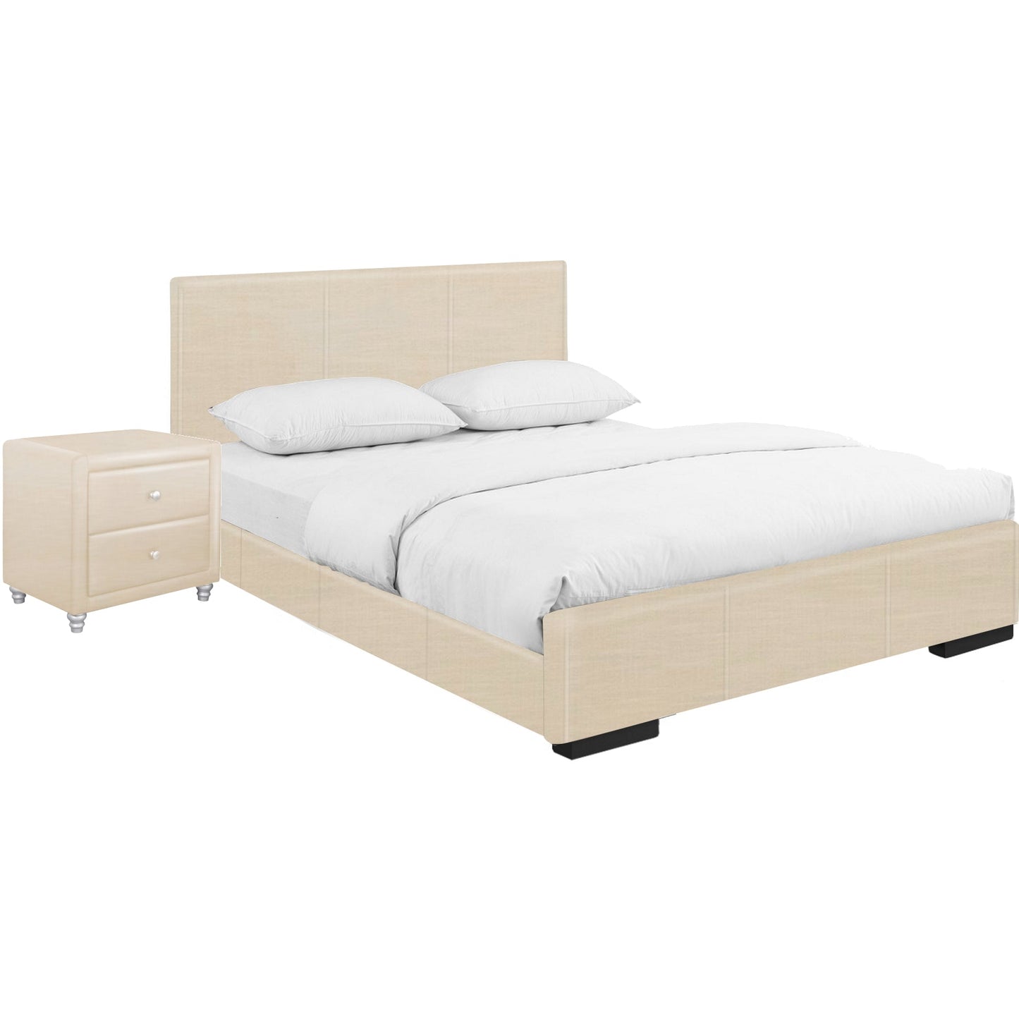 Modern Beige Upholstered Platform Bed with Matching Single Nightstand, Queen/King Size Bed Frame
