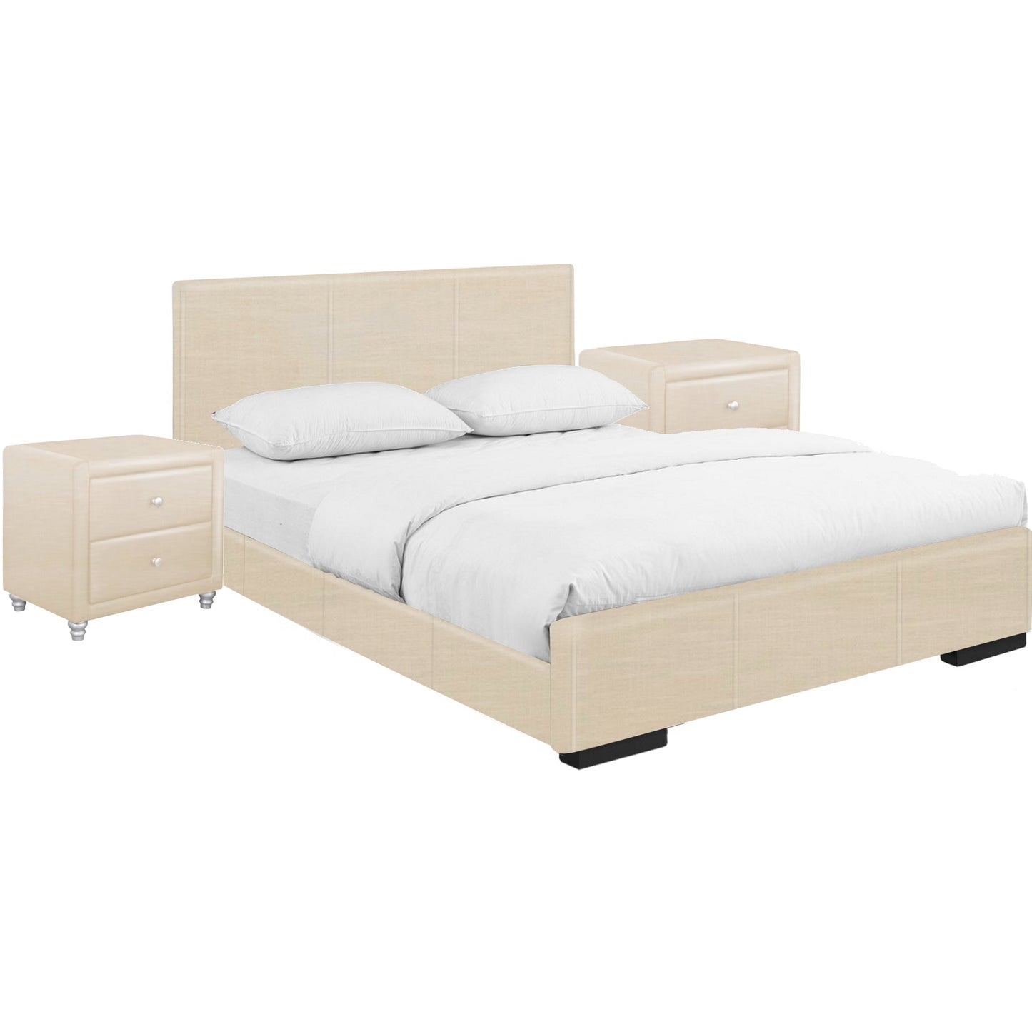Modern Beige Upholstered Platform Bedroom Set with Headboard and Two Matching Nightstands, Queen/King Size