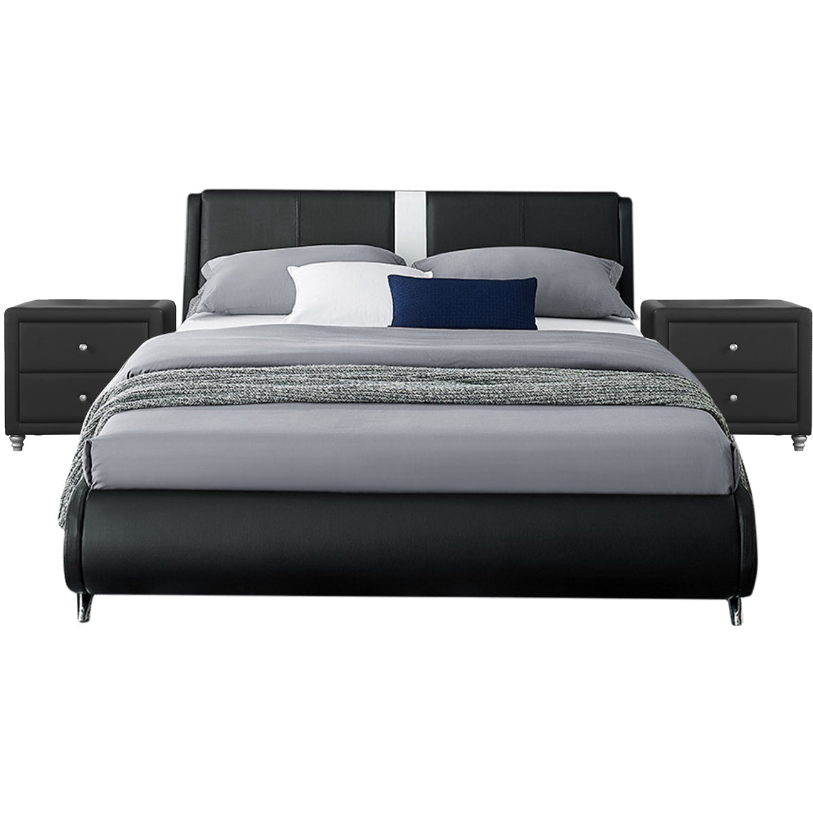 Modern Black Faux Leather Queen/King Bedroom Set with Platform Bed, White Stripe Headboard, and Two Matching Nightstands with Chrome Handles