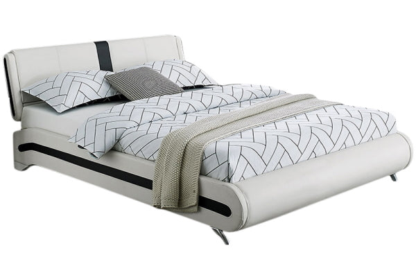 Modern White Upholstered Platform Bed with Black Accent Stripes on Headboard and Side Rails, Chrome Legs, Queen/King Size