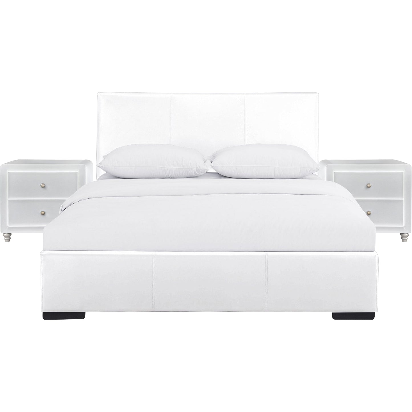 Modern White LED Bedroom Set: Upholstered Platform Bed with Panel Headboard and Two Illuminated High-Gloss Nightstands, Queen/King Size
