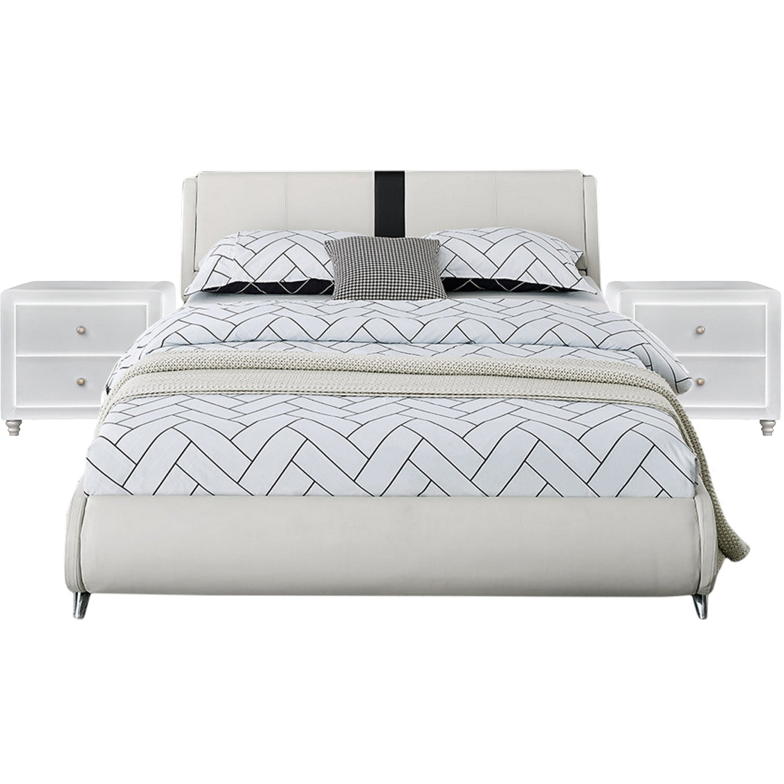 Modern White LED Bedroom Set: Upholstered Platform Bed with Black Stripe Headboard and Two Illuminated High-Gloss Nightstands, Queen/King Size