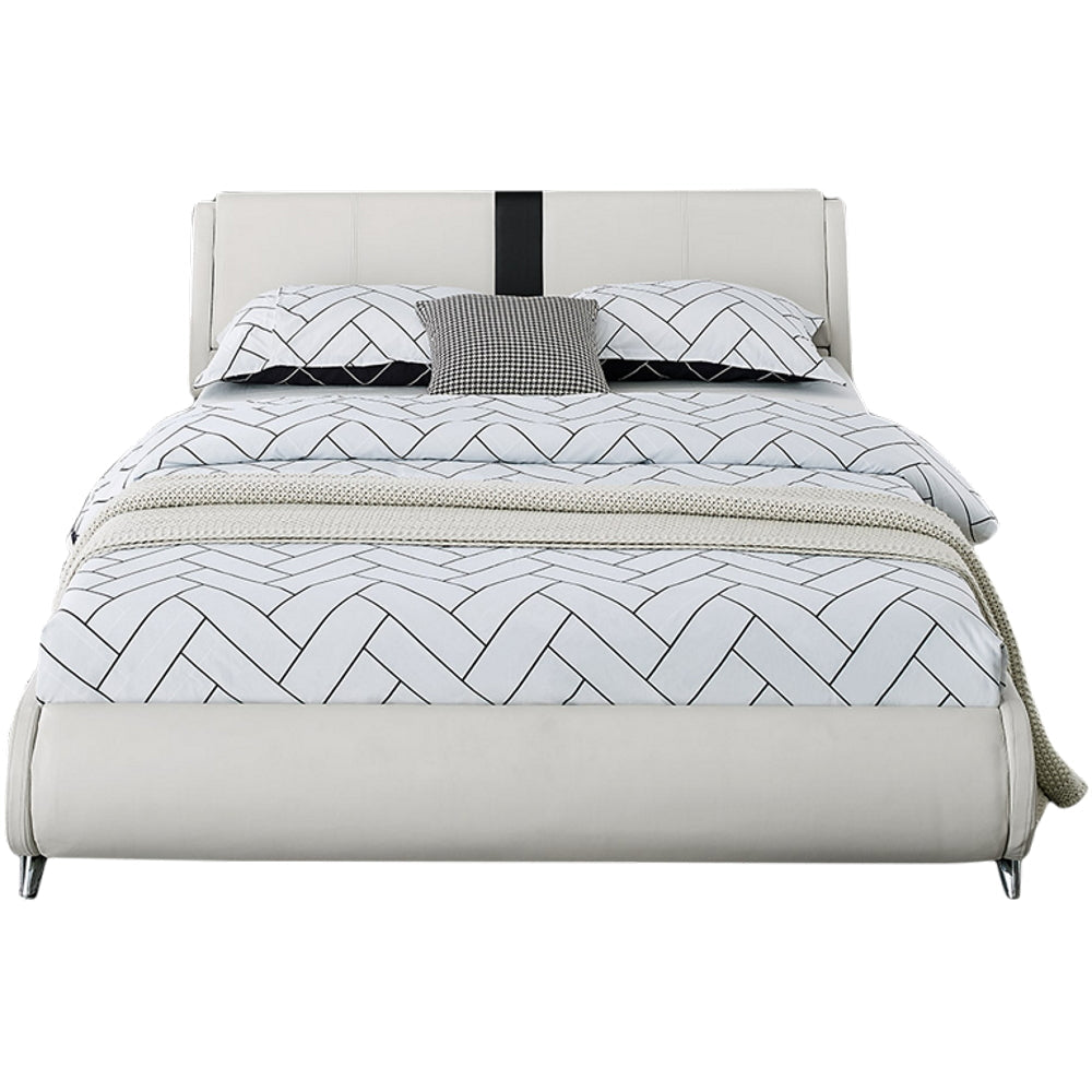 Modern White Upholstered Platform Bed with Black Stripe Headboard and Chrome Legs, Queen/King Size