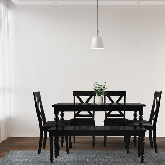 Black solid wood dining set with bench. Rectangular dining table for 6, X-back Windsor style chairs. Perfect for kitchen, dining room, or small spaces