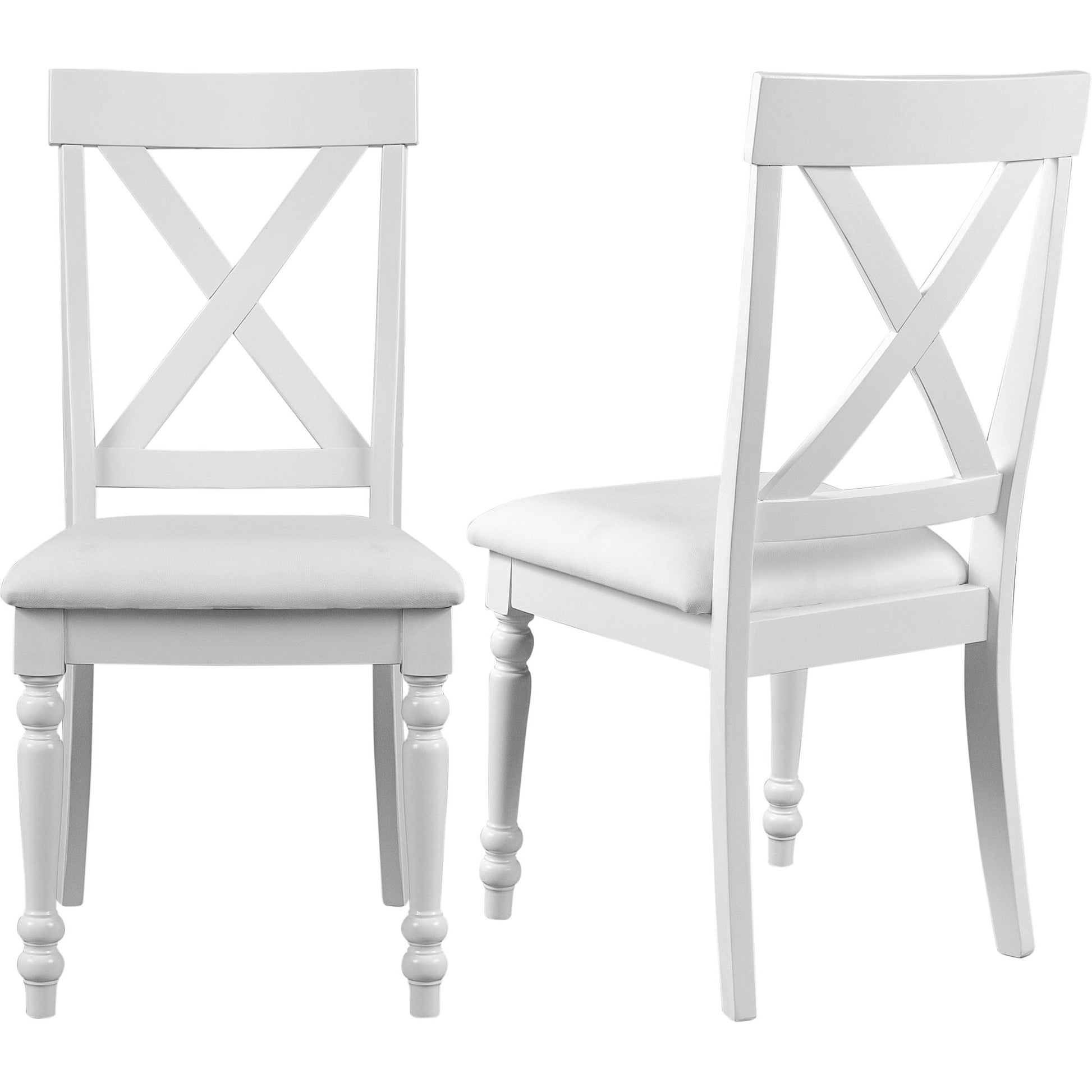 Pair of white X-back dining chairs with upholstered seats and turned front legs. Ideal for kitchen, dining room, or accent seating