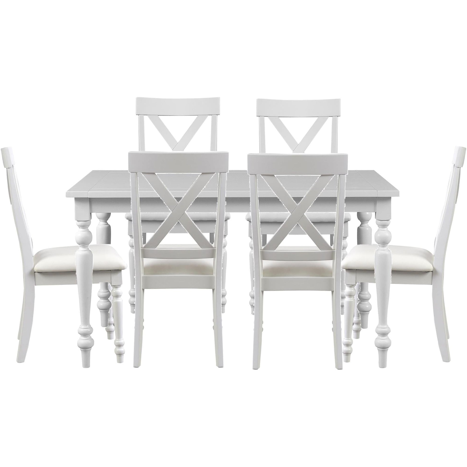 Elegant white farmhouse dining set for 6, featuring a sturdy rectangular table and comfortable X-back chairs. Ideal for large families or entertaining, brightens any kitchen or dining room