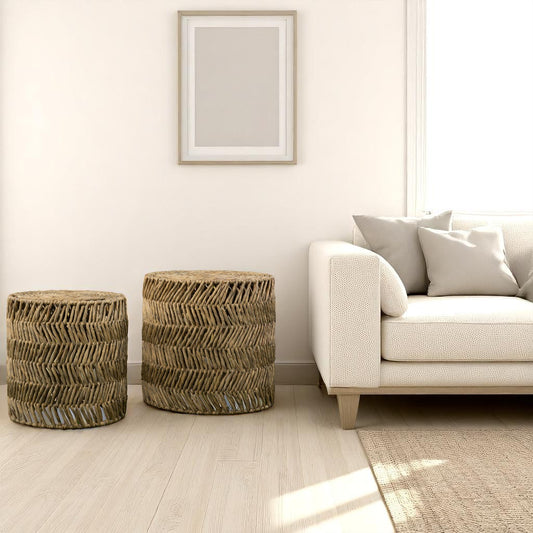 Two natural woven jute ottomans for living room decor