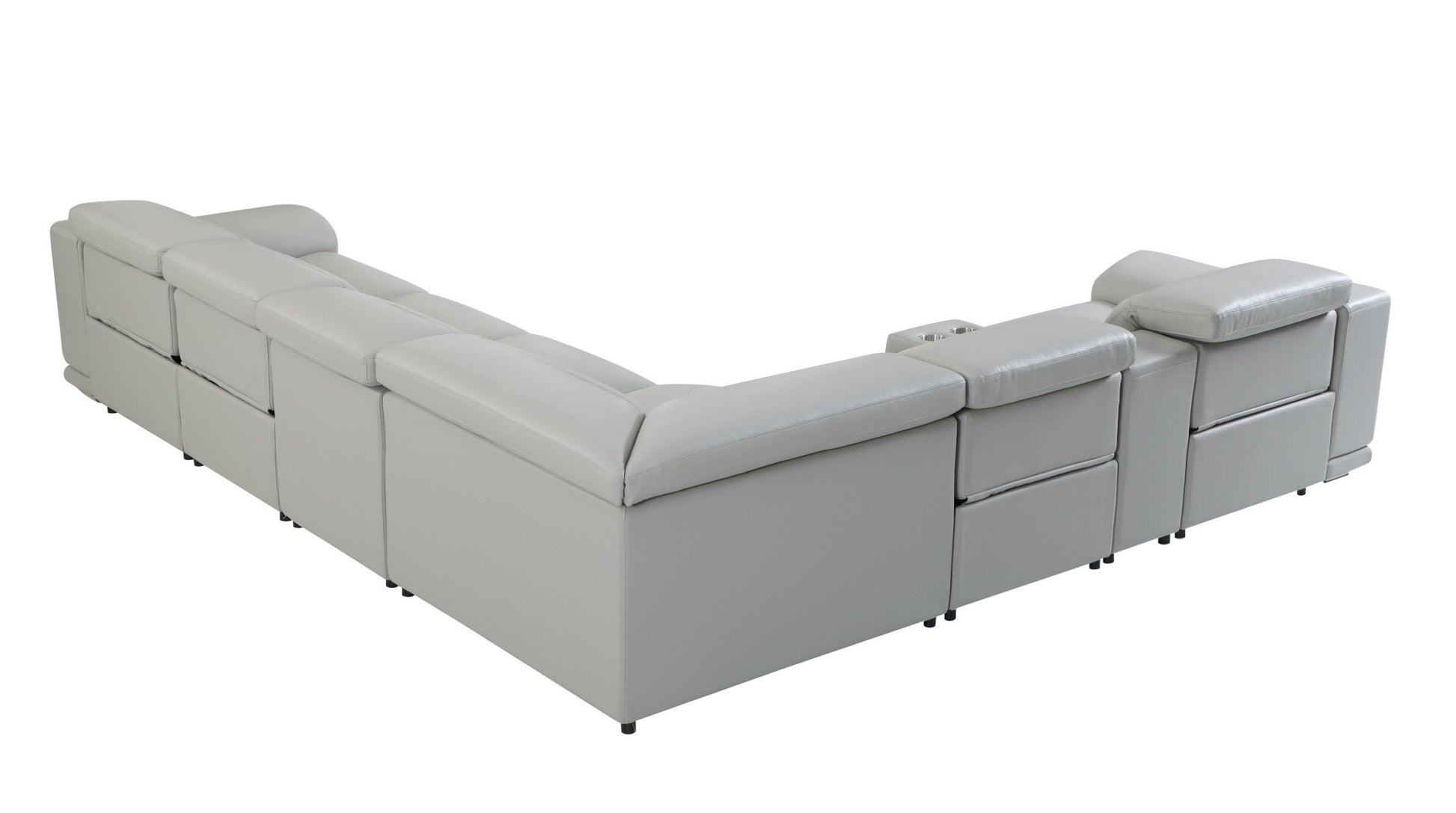 Back view of gray sectional. L-shaped sofa rear.