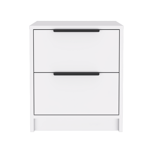Modern White 2-Drawer Nightstand – Minimalist Bedside Table with Black Handles for Bedroom Storage-0