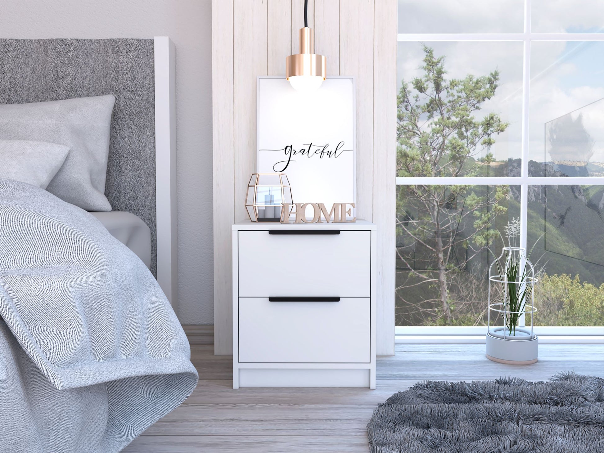 Modern White 2-Drawer Nightstand – Minimalist Bedside Table with Black Handles for Bedroom Storage-7