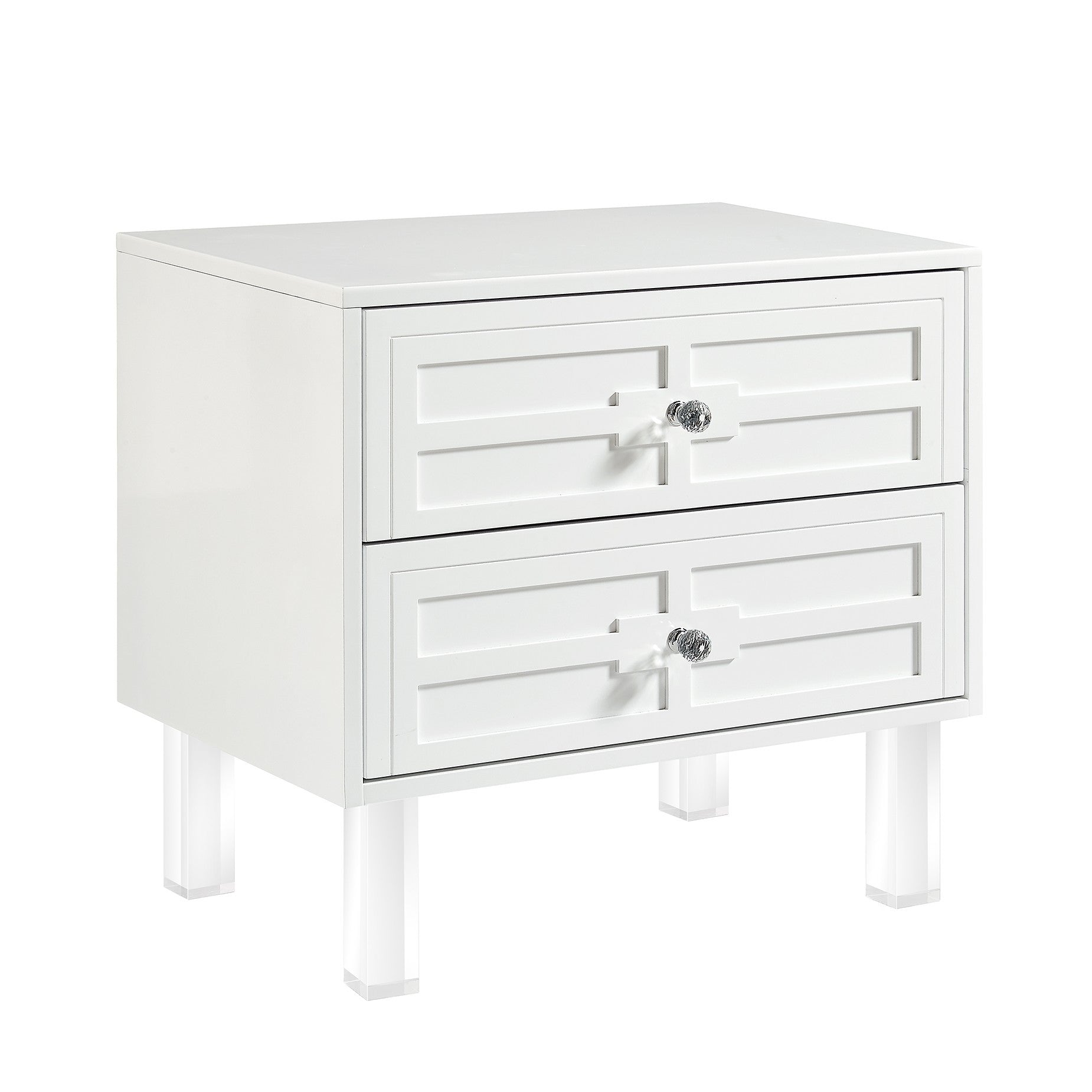 White 2-Drawer Nightstand with Crystal Knobs – Modern Glam Bedside Table with Acrylic Legs-1
