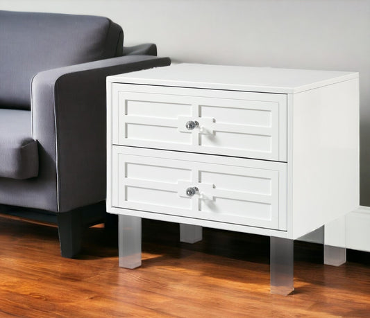 White 2-Drawer Nightstand with Crystal Knobs – Modern Glam Bedside Table with Acrylic Legs-0