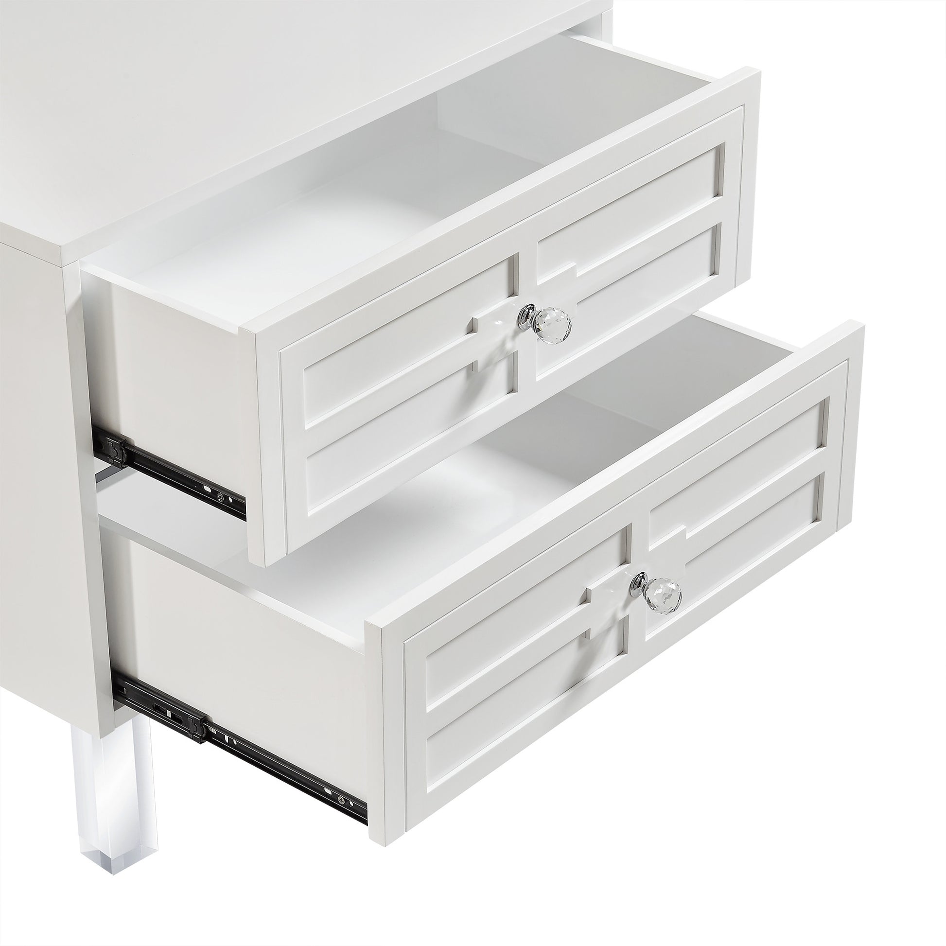 White 2-Drawer Nightstand with Crystal Knobs – Modern Glam Bedside Table with Acrylic Legs-2