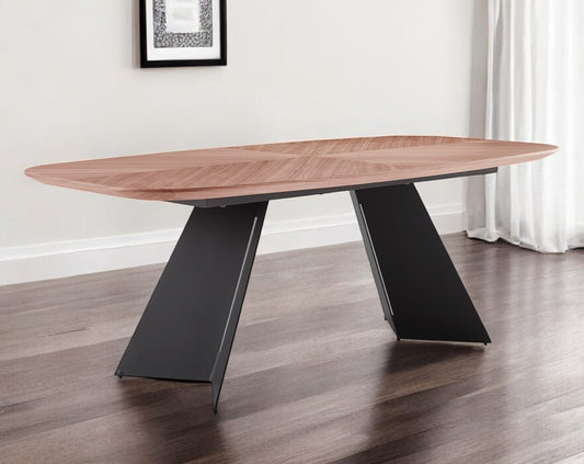 Modern wood dining table with black metal base. Contemporary dining room furniture for stylish homes