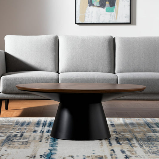 Modern Round Coffee Table – Wood Top & Black Base Contemporary Center Table for Living Room-0