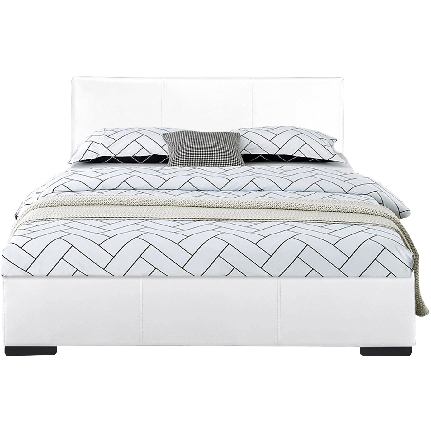 Modern White Upholstered Platform Bed with Panel Headboard, Queen/King Size Bed Frame