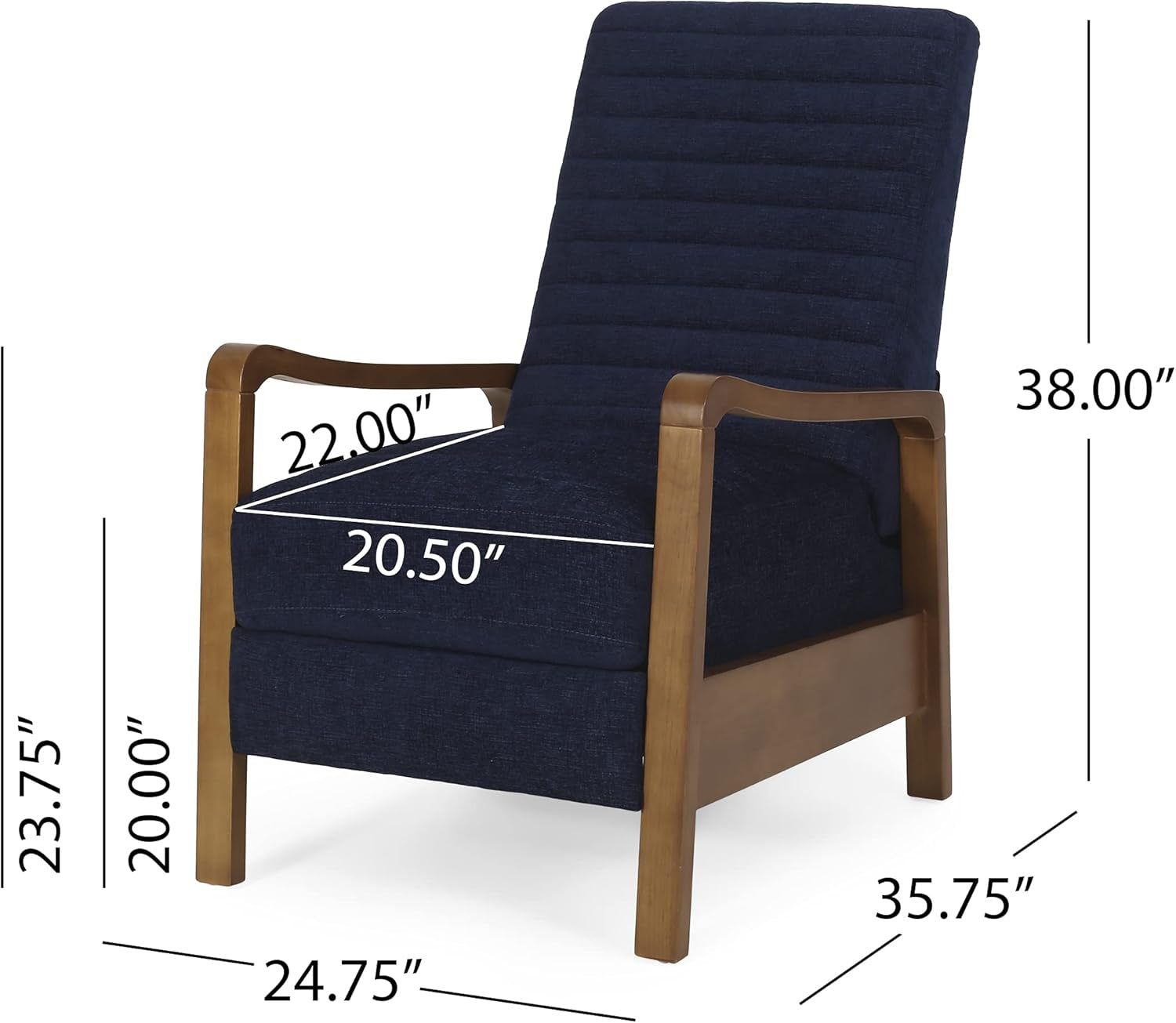 A detailed size guide for the mid-century modern recliner chair. The image shows the key dimensions, including the height, width, and depth of the navy blue upholstered chair with a natural wood frame.
